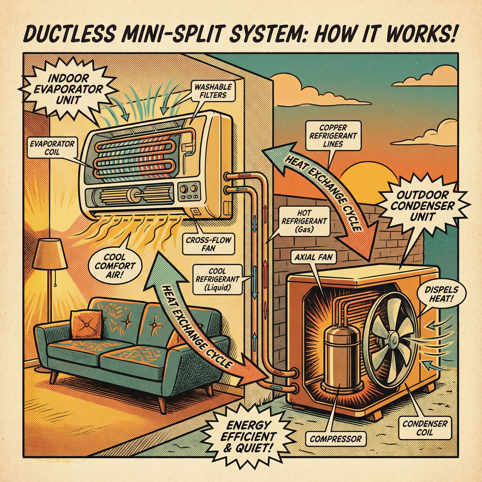 A cutaway view of a residential ductless mini-split system showing the indoor and outdoor units