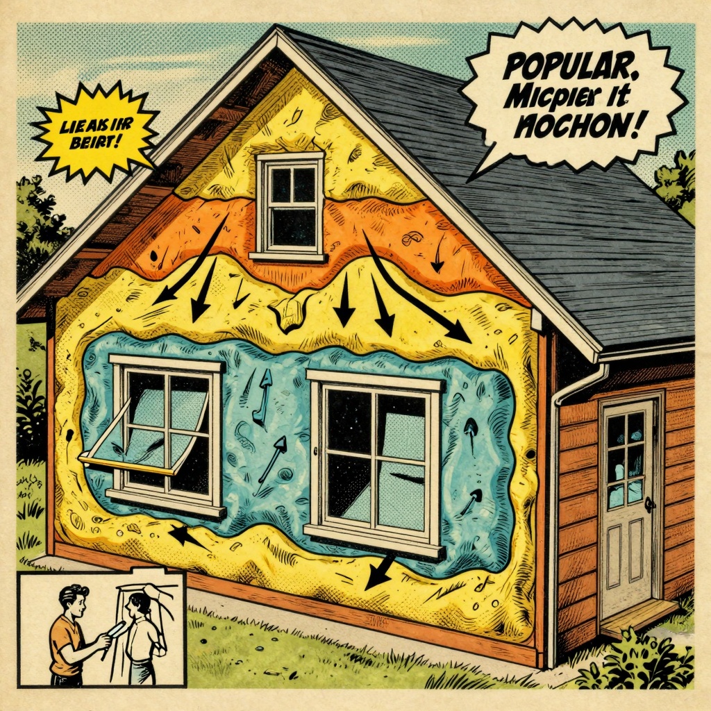 A cross-section view of a well-insulated home, showcasing different layers of insulation in the attic and walls, with arrows 