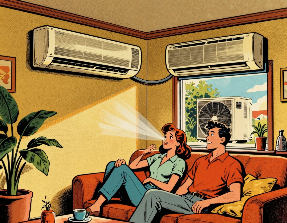 A vibrant illustration of a split system air conditioning unit installed in a cozy, mid-century styled living room