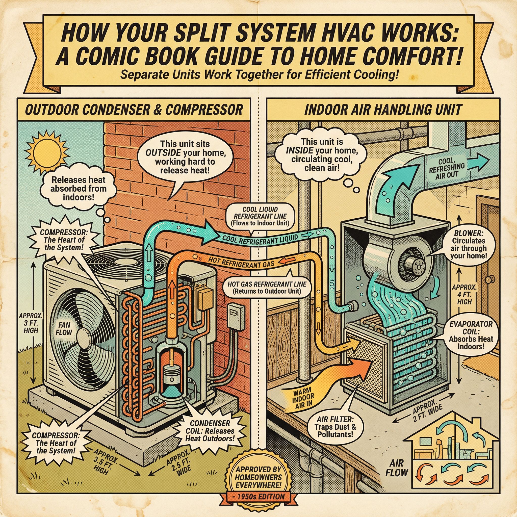 A cross-section illustration of a split system HVAC installation, showcasing the outdoor condenser and compressor unit positi