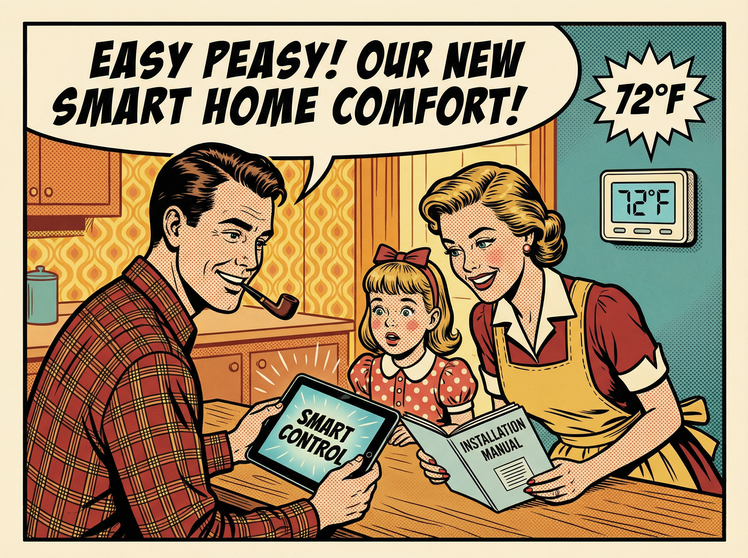 An inviting kitchen scene with a cheerful family installing a smart thermostat