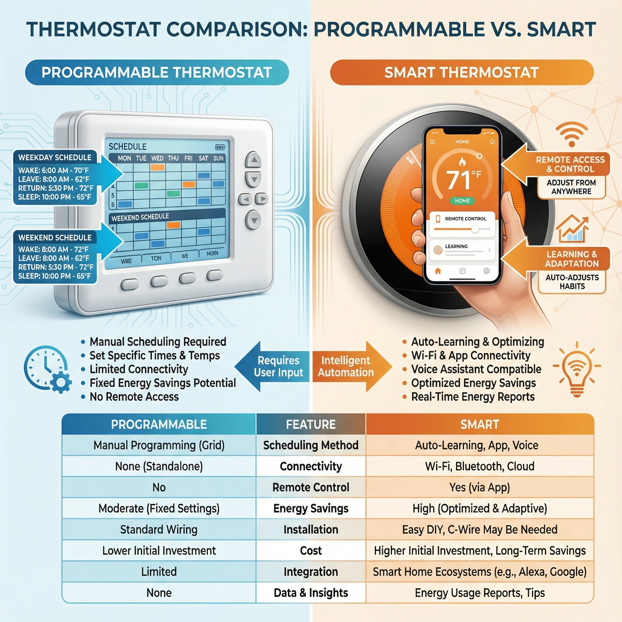 A side-by-side comparison infographic featuring a programmable thermostat and a smart thermostat