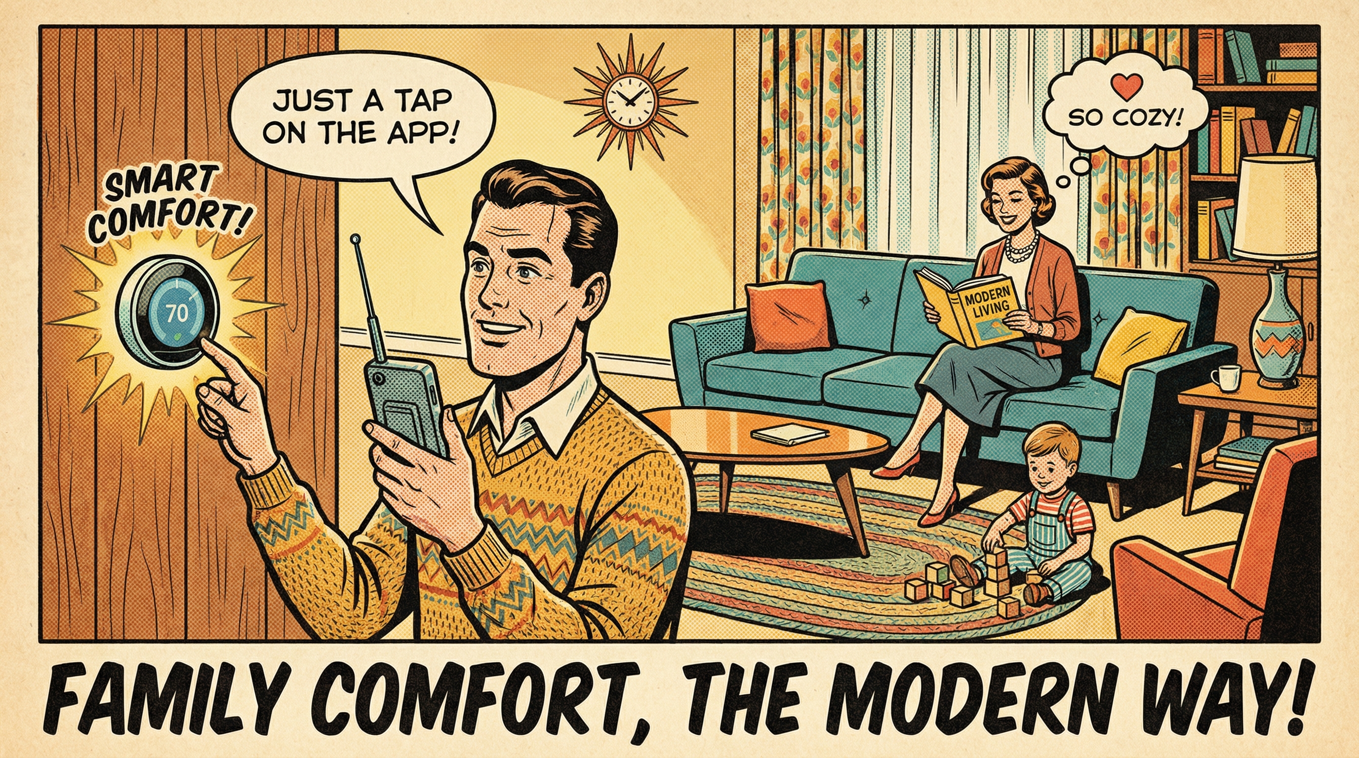 A cozy living room scene featuring a family gathered around as they effortlessly interact with a smart thermostat mounted on 