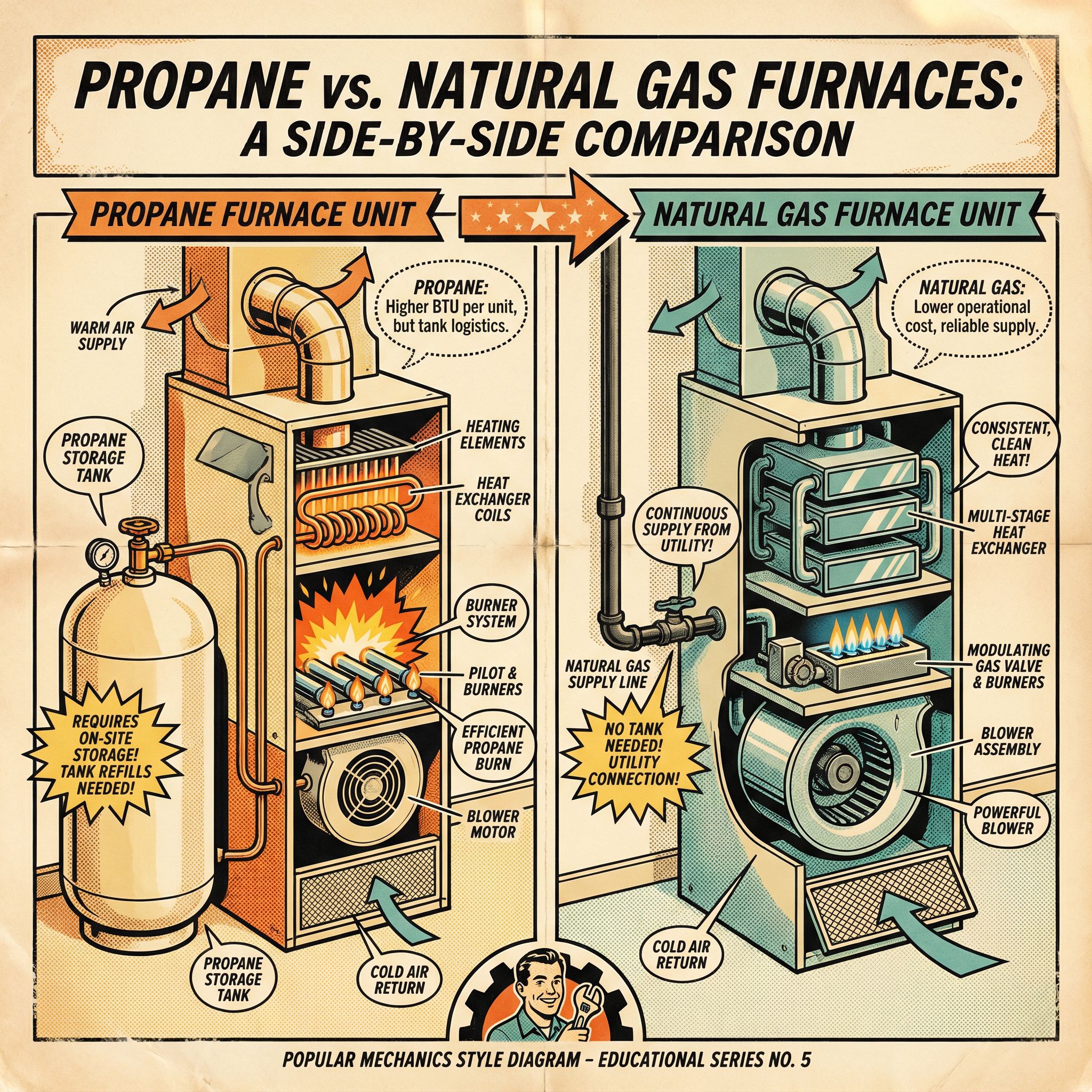 A cutaway view of a propane furnace and a natural gas furnace side by side, showcasing their internal components in a detaile
