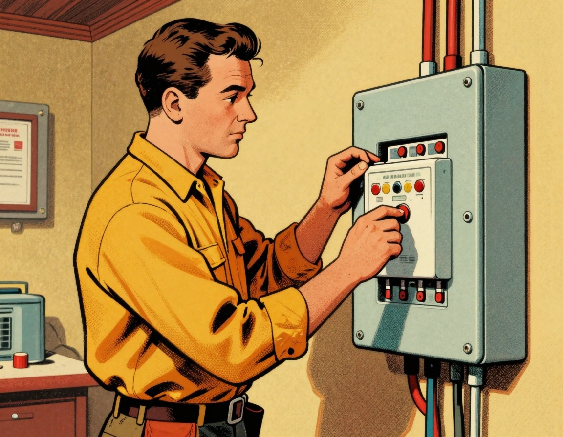 An HVAC technician is inspecting a home's electrical panel, focusing on a whole-house surge protector