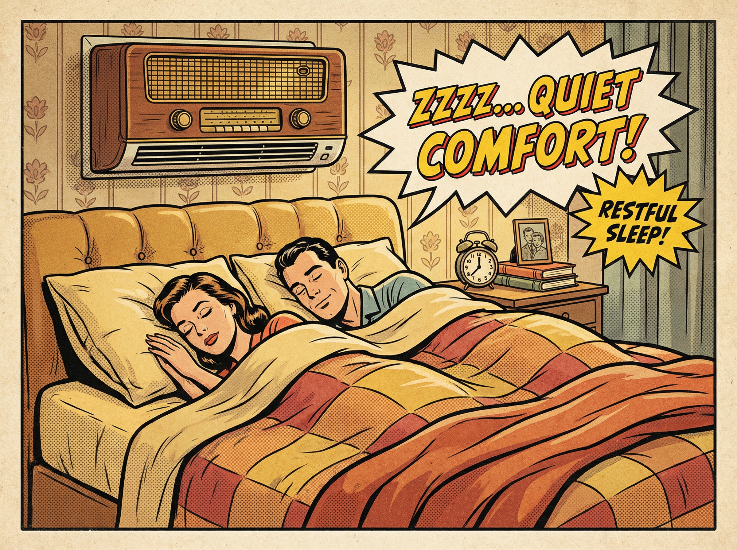 A cozy bedroom scene featuring a couple peacefully sleeping with a quiet air conditioner mounted on the wall