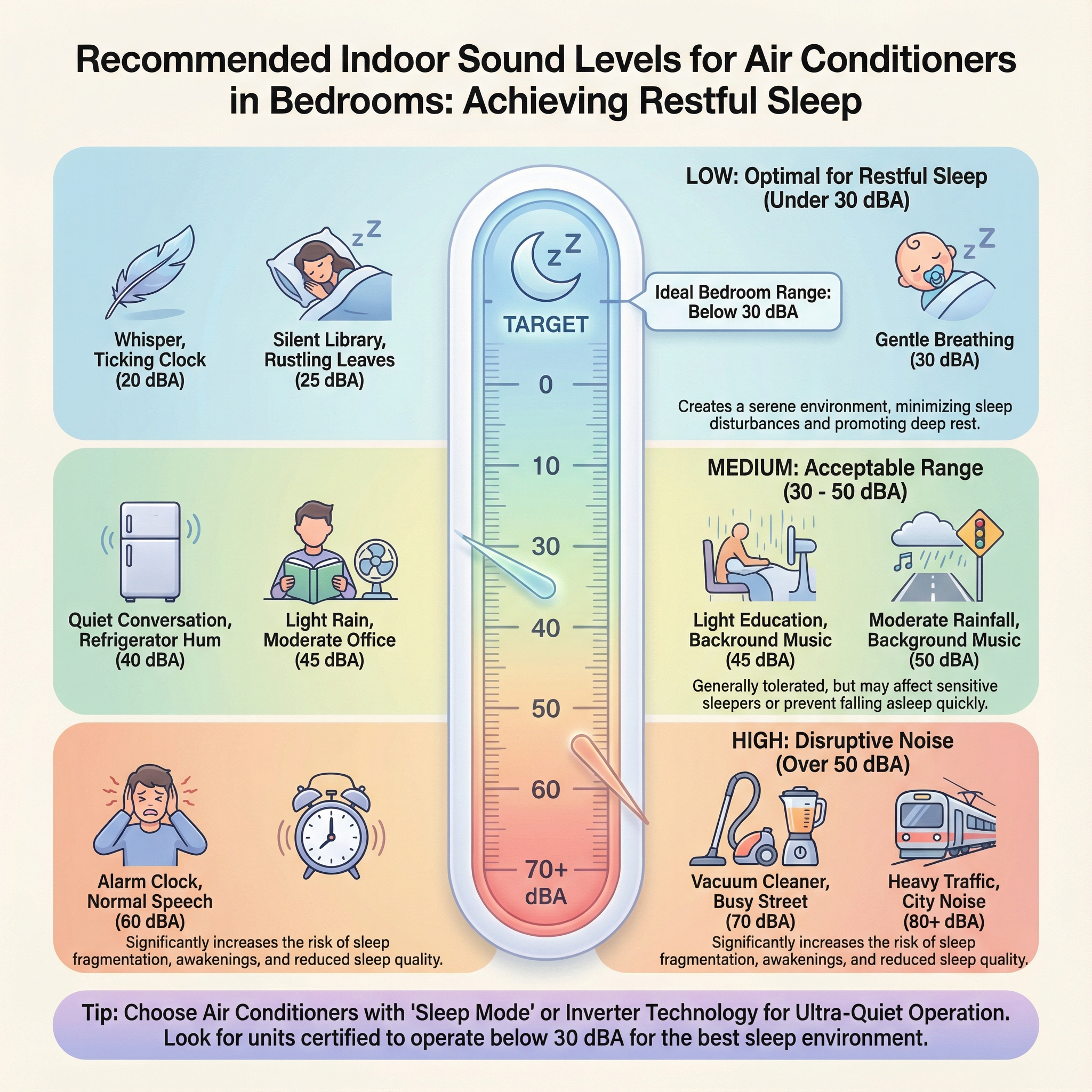 An infographic showing the recommended indoor sound levels for air conditioners in bedrooms, with a clear breakdown of noise