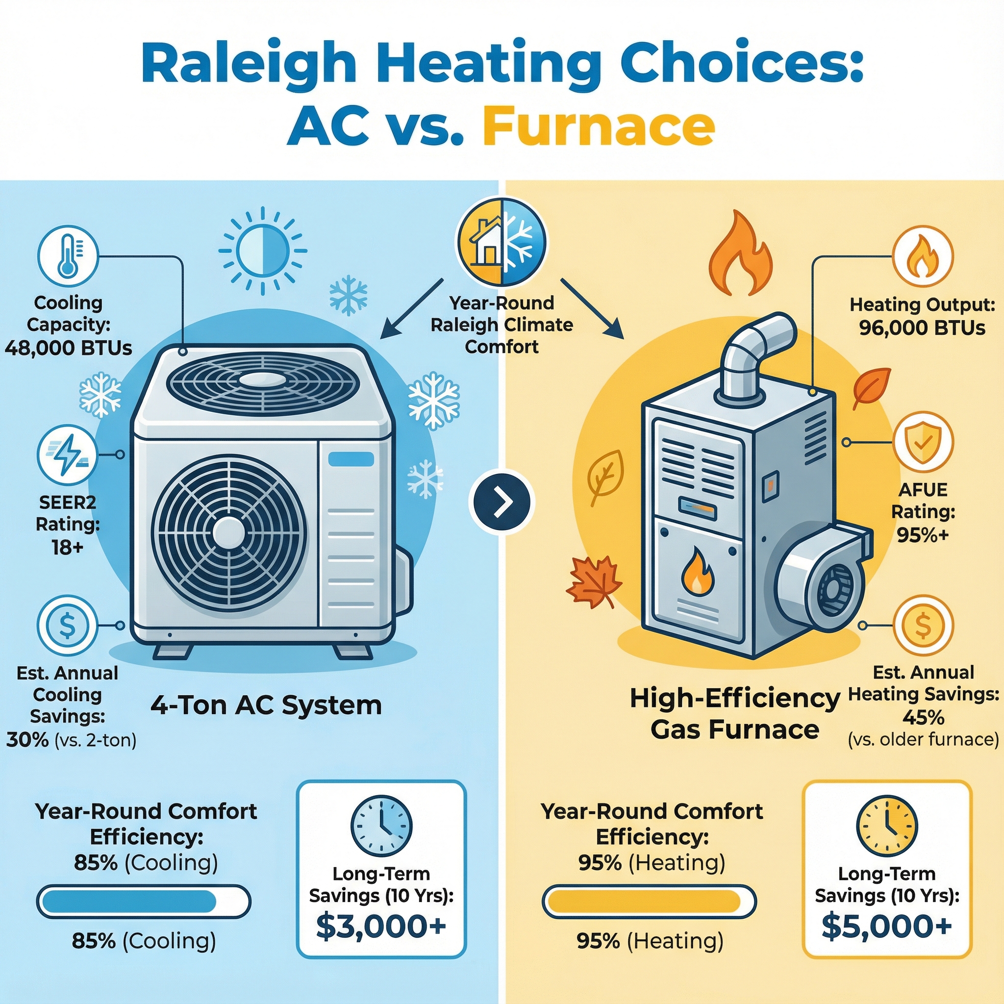 An infographic illustrating the benefits of using a 4-ton AC paired with a gas furnace specifically tailored for Raleigh's cl