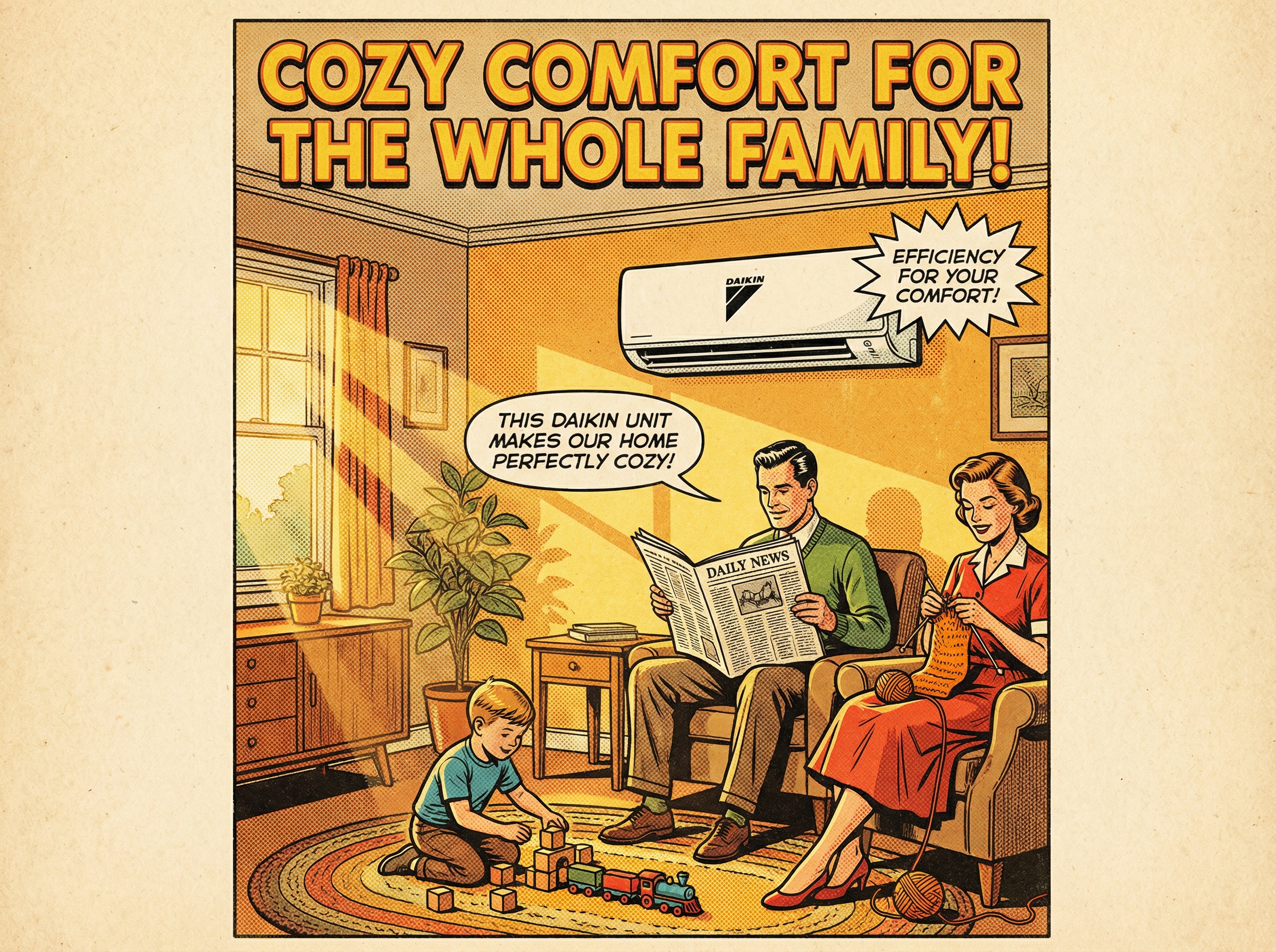 A cozy living room scene featuring a sleek Daikin mini split air conditioning unit mounted high on the wall