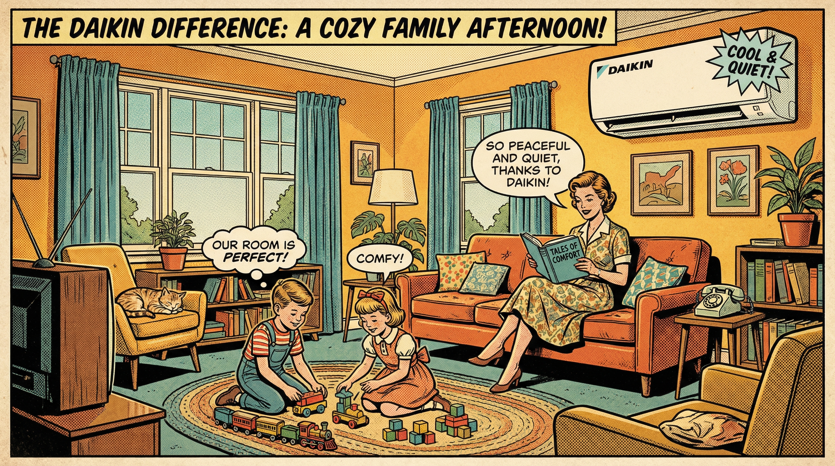 A cozy living room scene featuring a stylish Daikin mini split air conditioning unit mounted on the wall, with a family enjoy