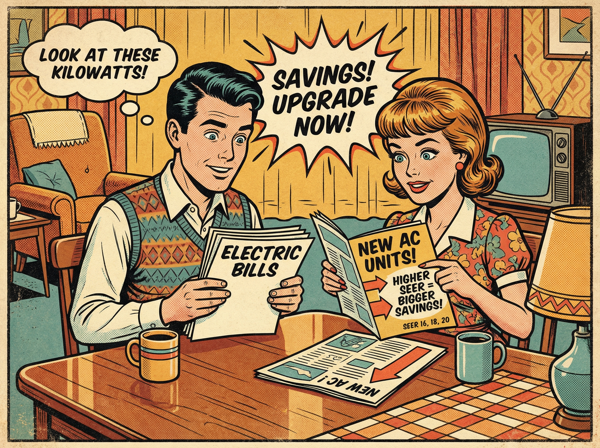 A young couple is sitting at a stylish dining table in their cozy, well-decorated living room, examining a stack of electric 