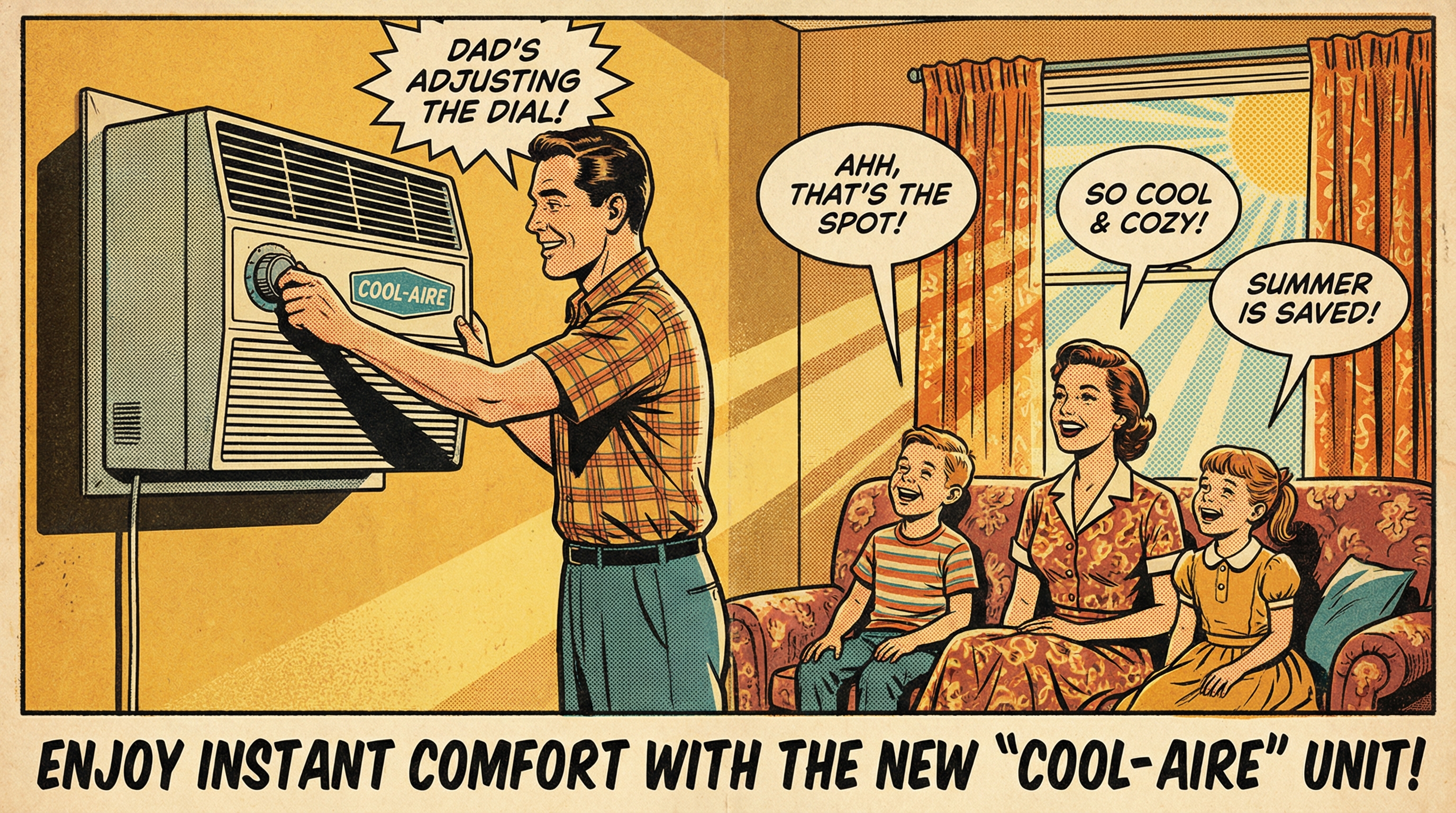 A vintage-inspired scene depicting a cheerful family gathered in their cozy living room during a warm summer day