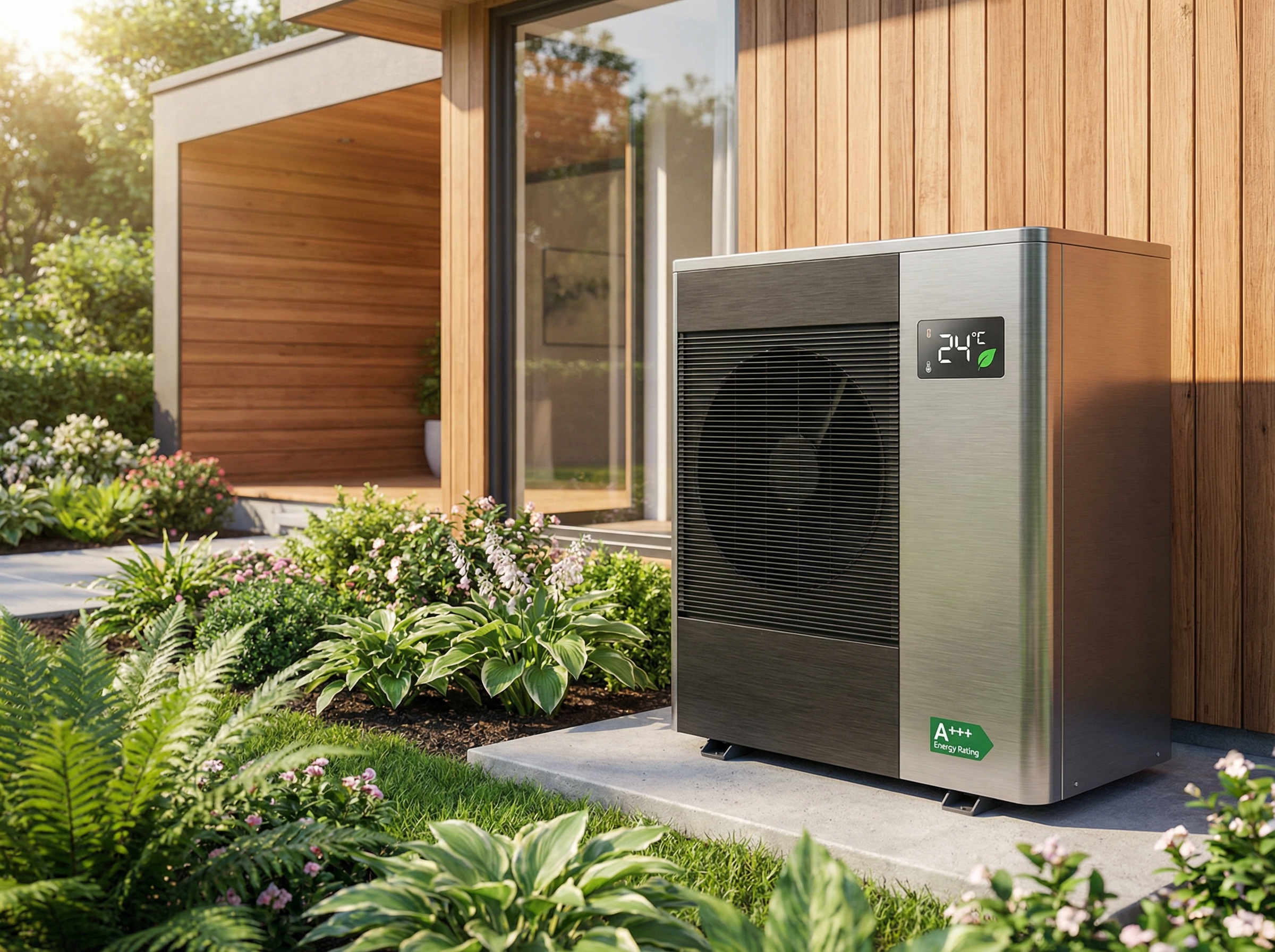 An image showcasing a modern air conditioning unit installed in a residential setting, highlighting its sleek design and ener