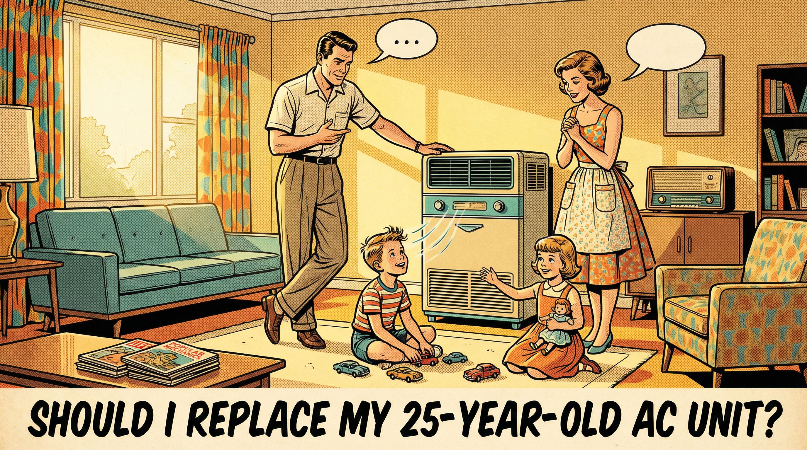 A cheerful family in a cozy living room enjoying a comfortable indoor climate thanks to their modern air conditioning unit