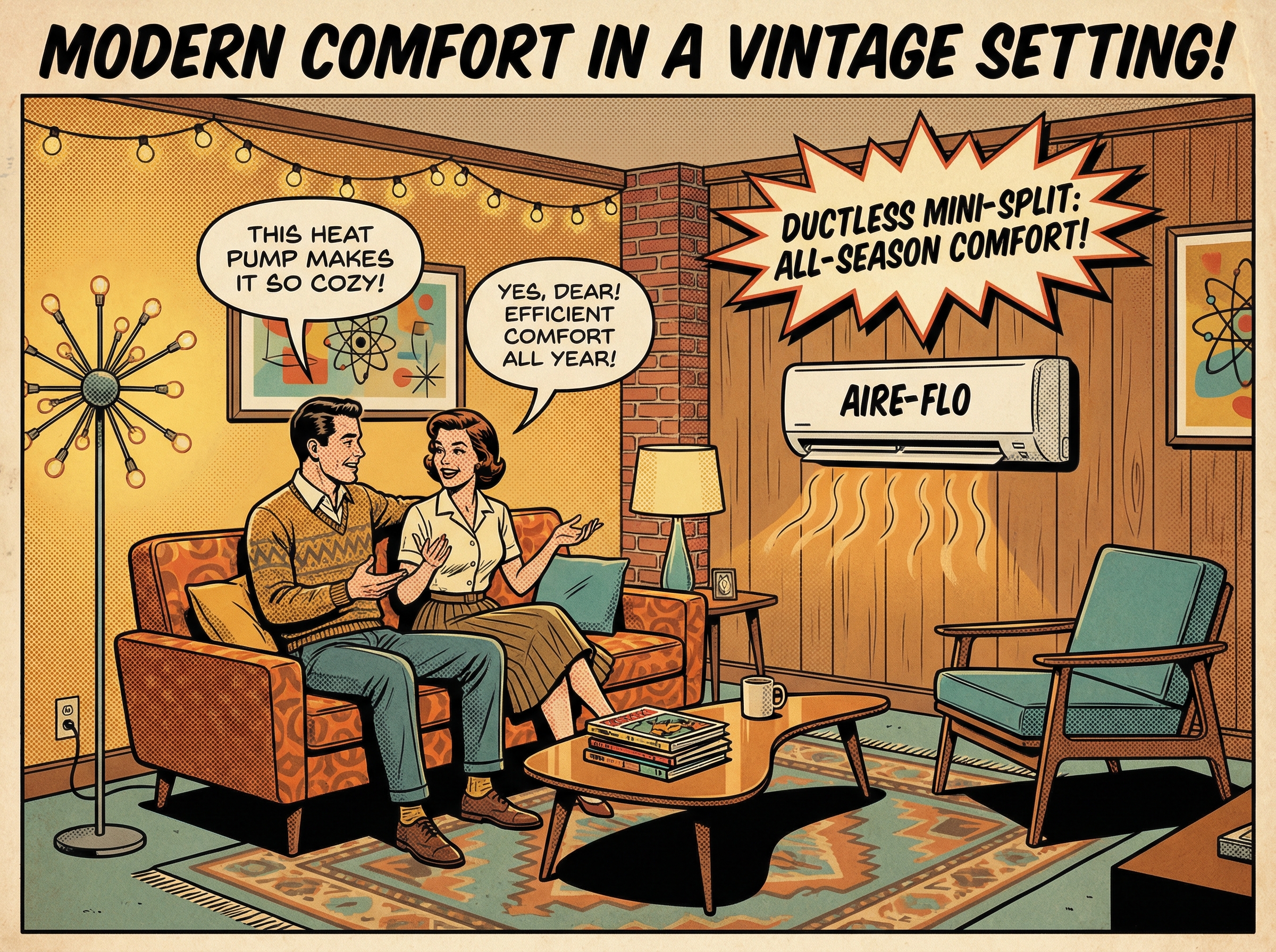 A cozy basement apartment living space featuring a ductless mini split heat pump on the wall