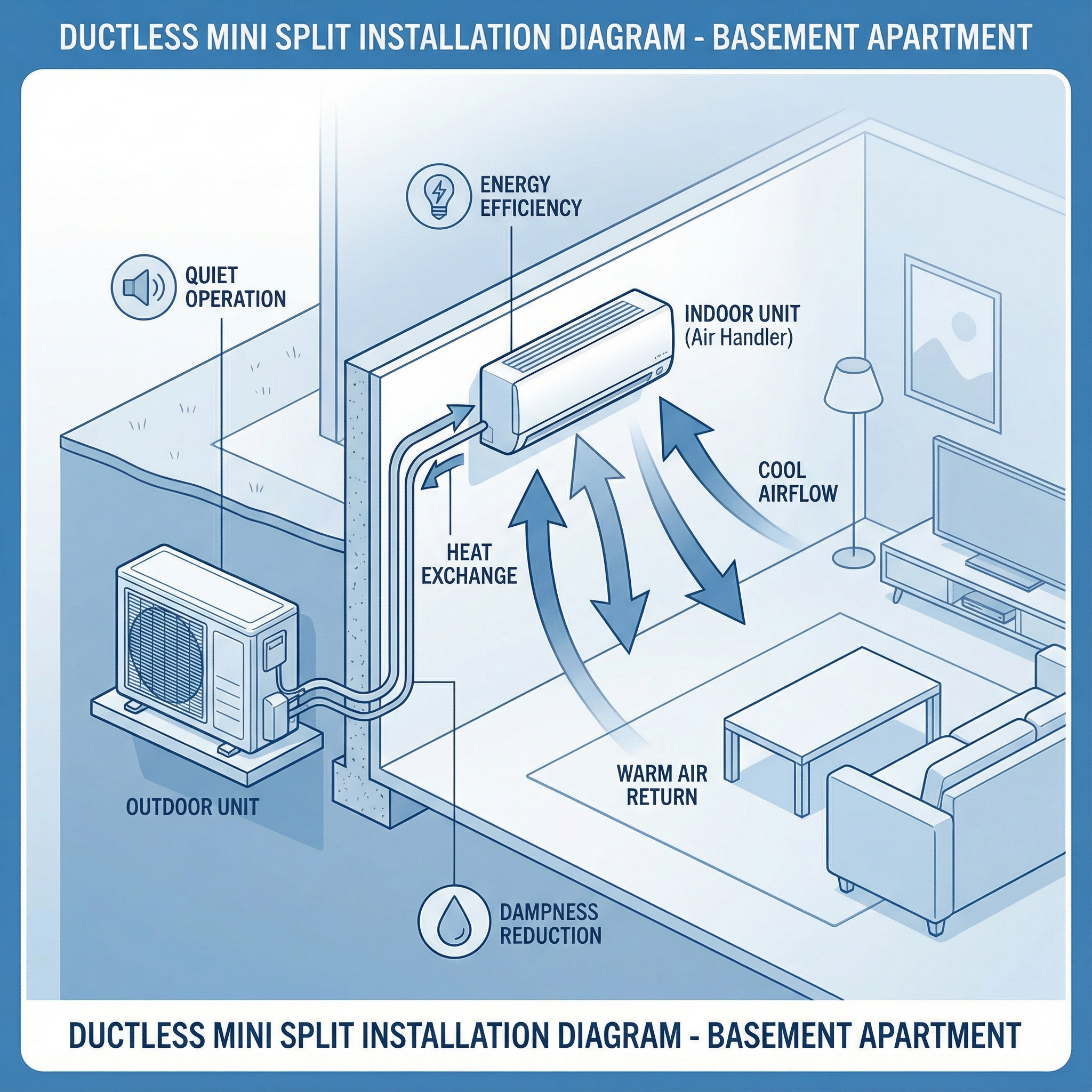 An illustrated cross-section of a basement apartment showing the installation of a ductless mini split heat pump