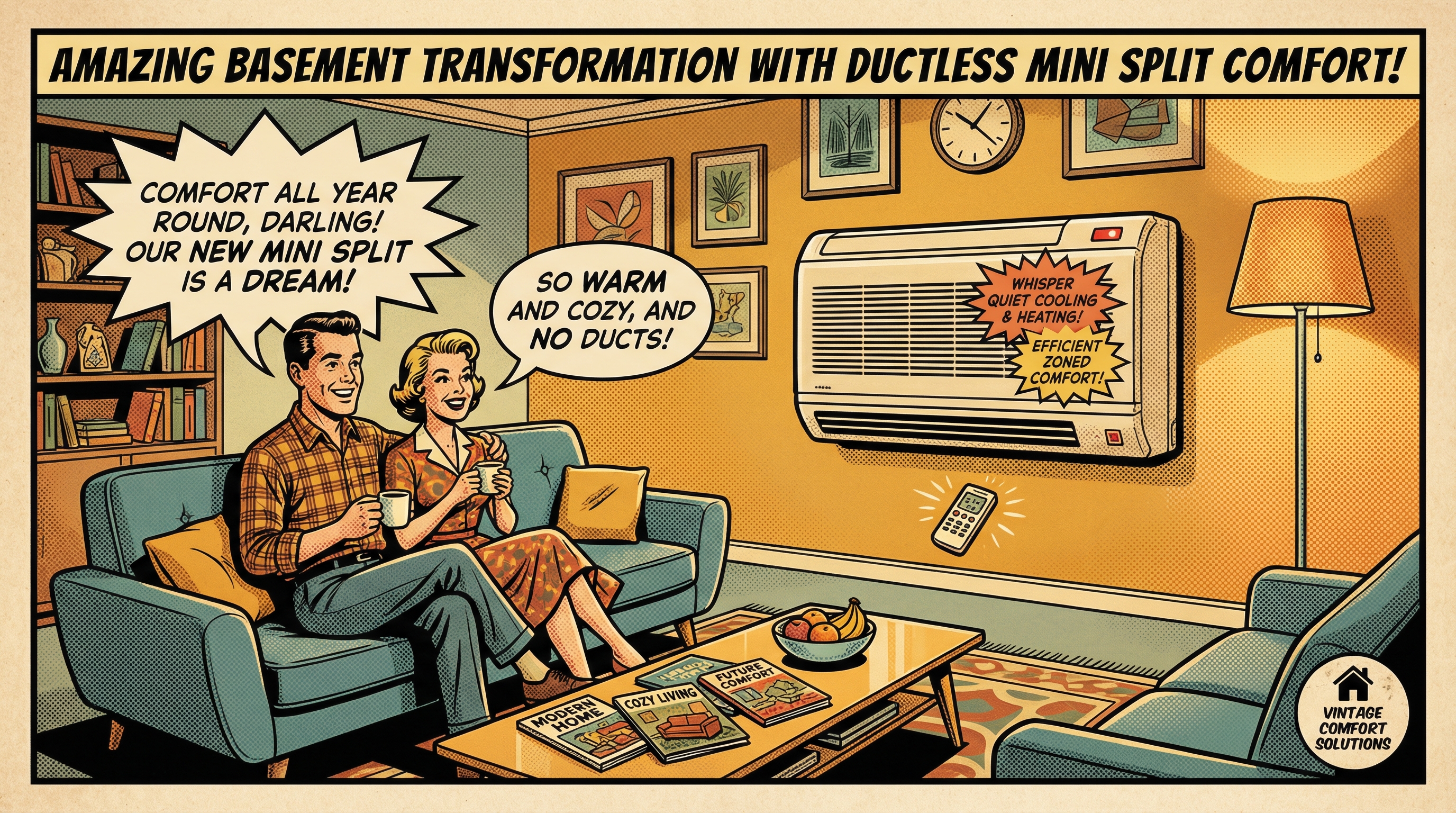 A vintage-styled illustration of a cozy basement apartment with a ductless mini split heat pump prominently installed on the 