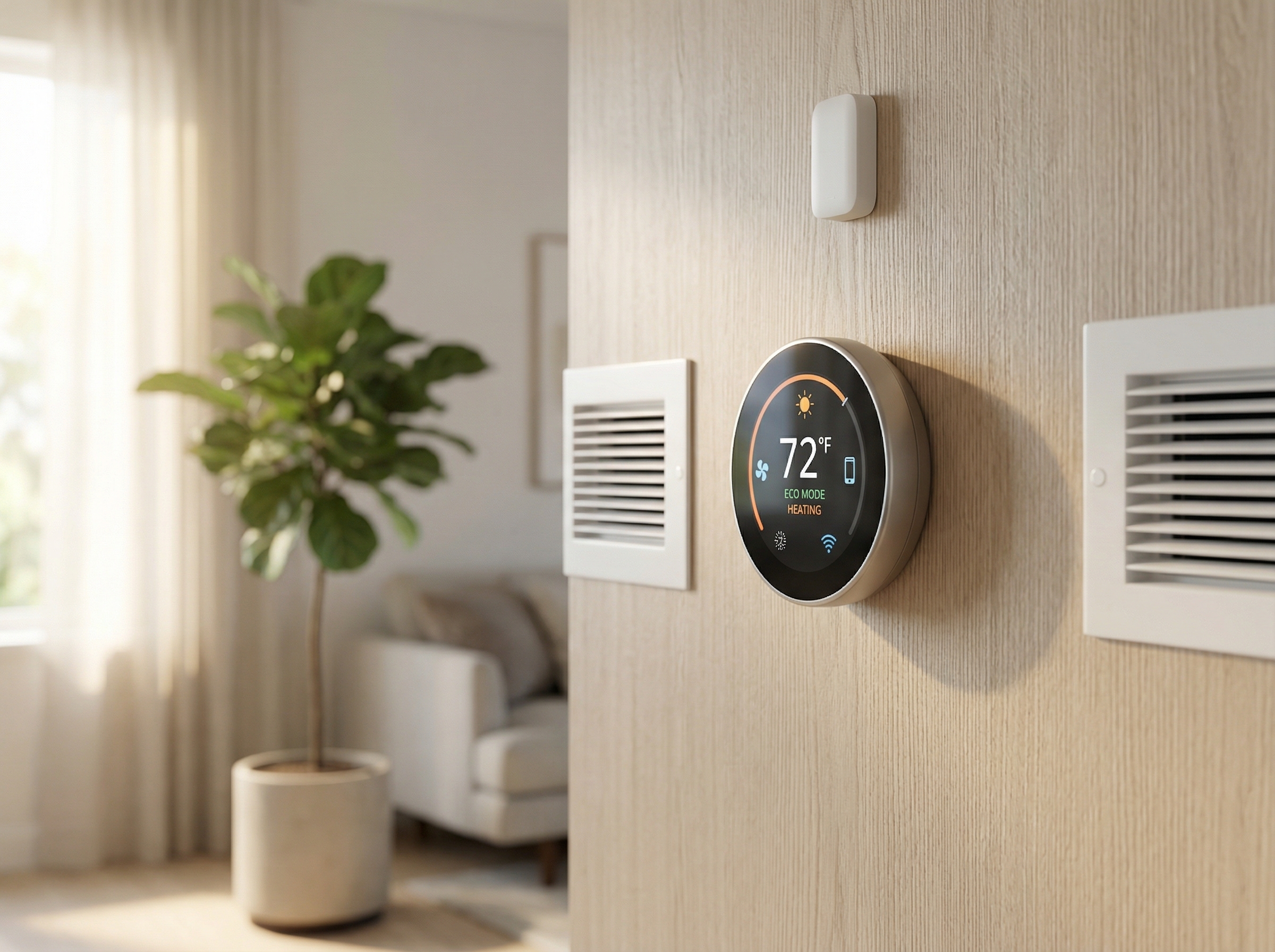 An intricate close-up of a smart thermostat mounted on a stylish wall