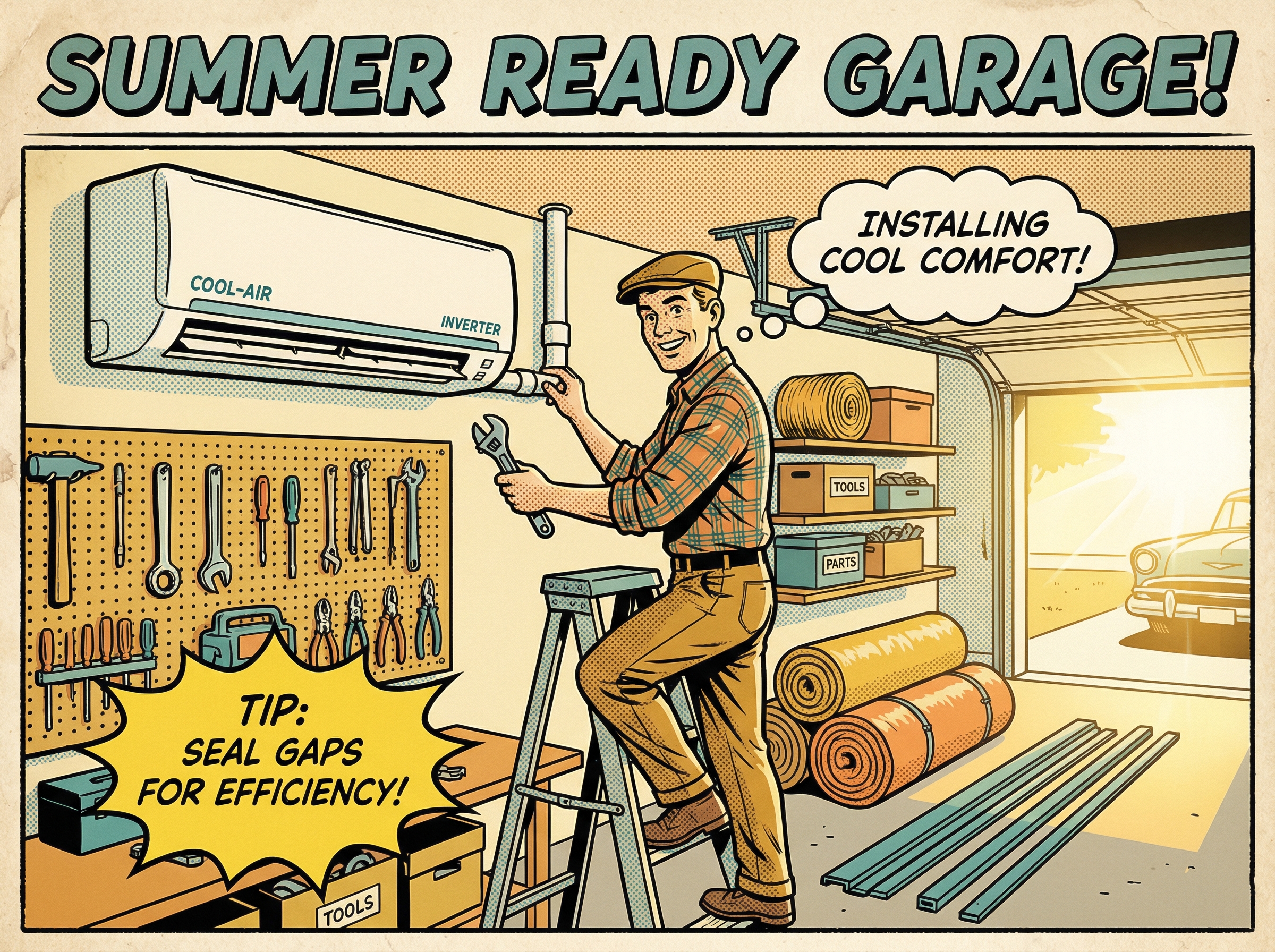 A cheerful homeowner inspecting their garage while installing a ductless inverter mini-split air conditioning system