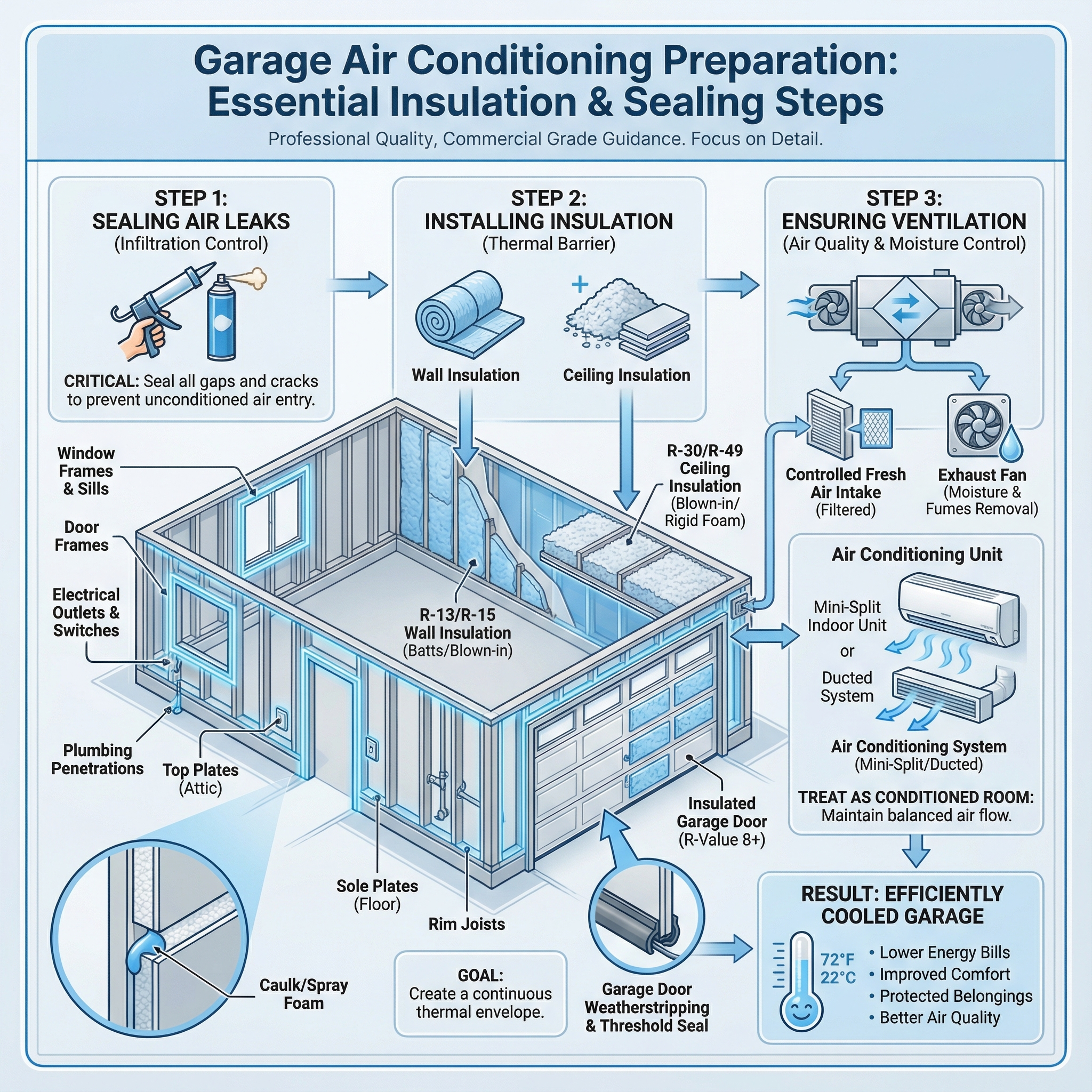 An educational diagram illustrating the essential steps to properly insulate and seal a garage for effective air conditioning