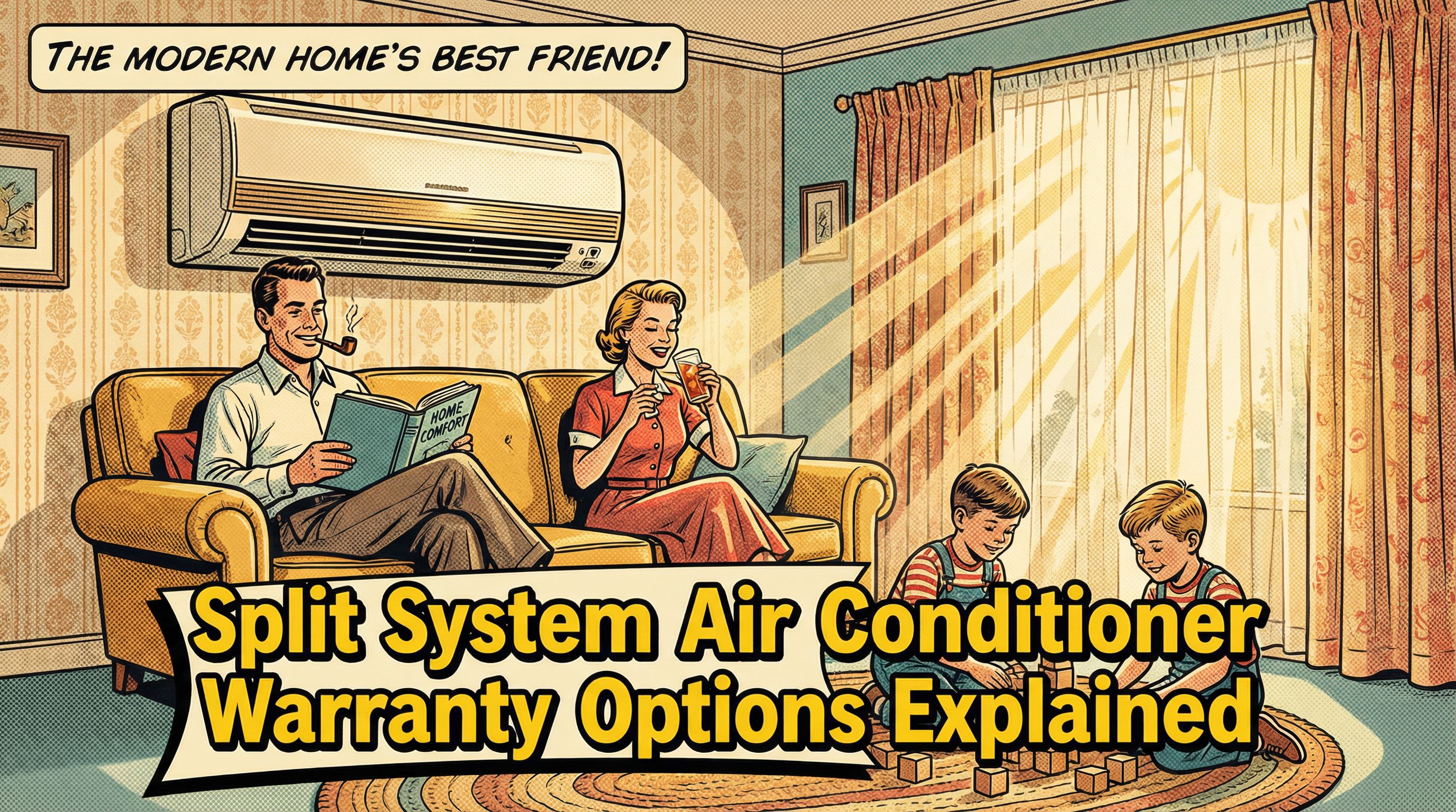 A cozy living room scene featuring a family gathered comfortably under a vintage split system air conditioner mounted on the 