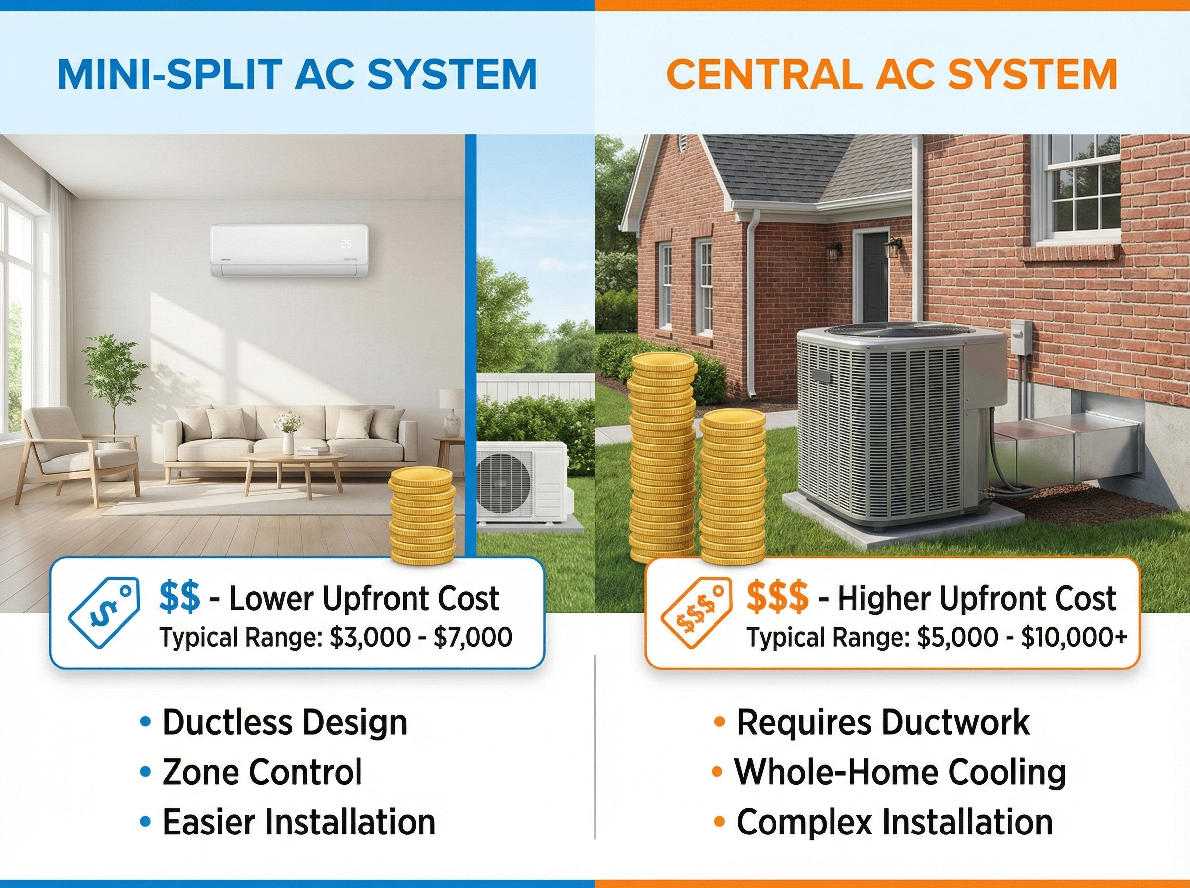 A comparative visual representation of a mini-split air conditioning system and a central air conditioning unit