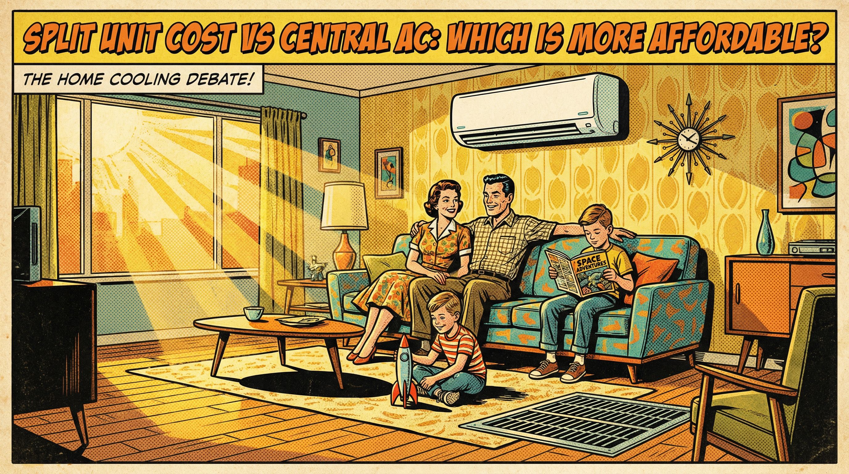 A vintage-style living room with a family gathered around a mini-split air conditioner mounted on the wall, while a central A