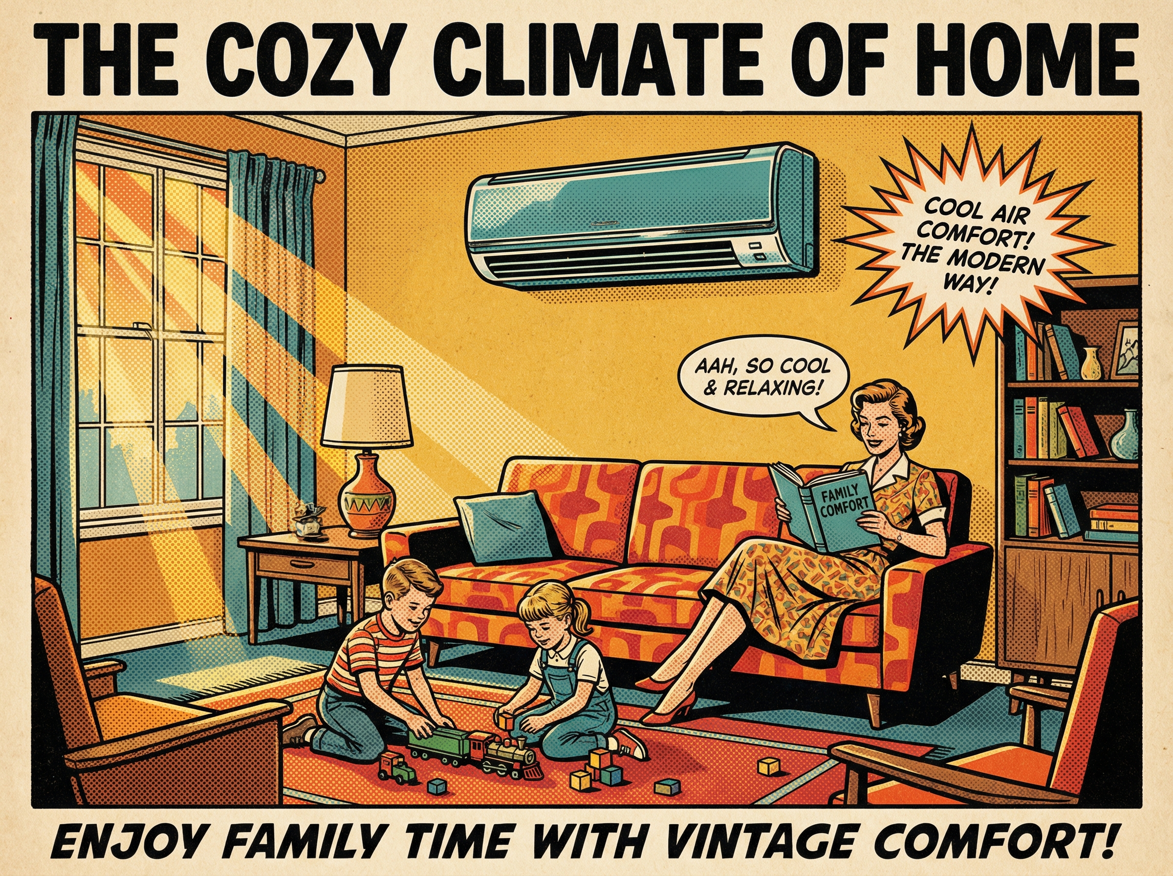 A cozy living room featuring a stylish mini split AC system mounted on a wall, providing comfortable cool air to a family lou