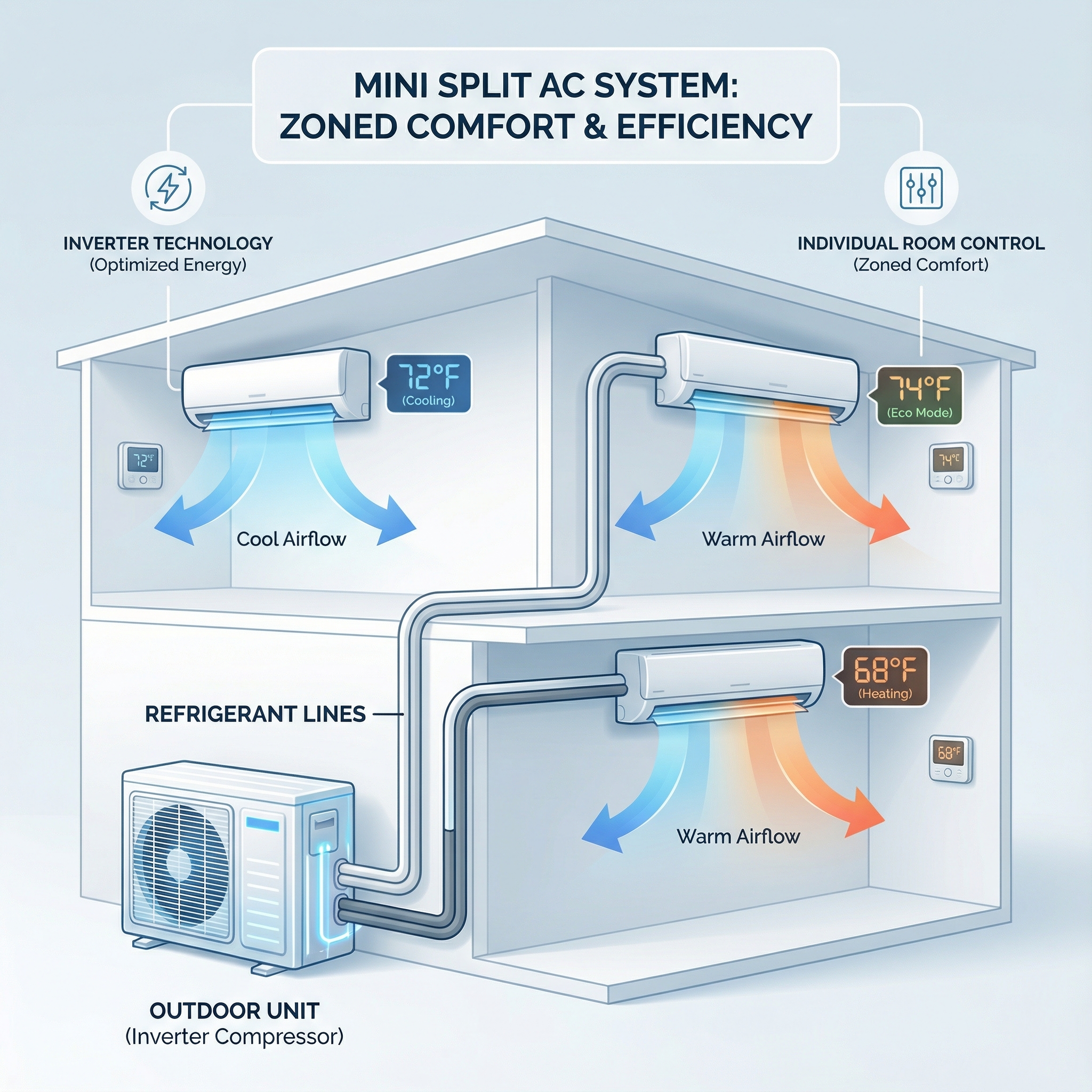 An informative diagram illustrating how mini split AC systems function, showcasing key components like the indoor and outdoor