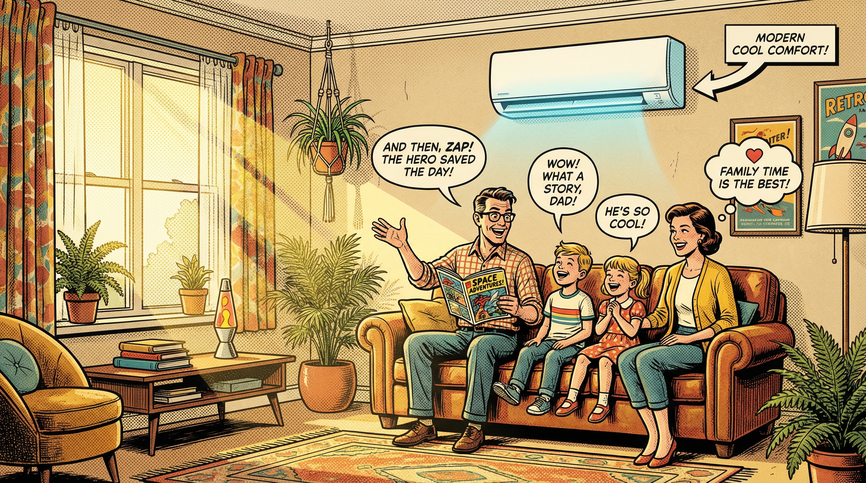 A cozy living room scene featuring a modern mini split air conditioning system mounted on the wall