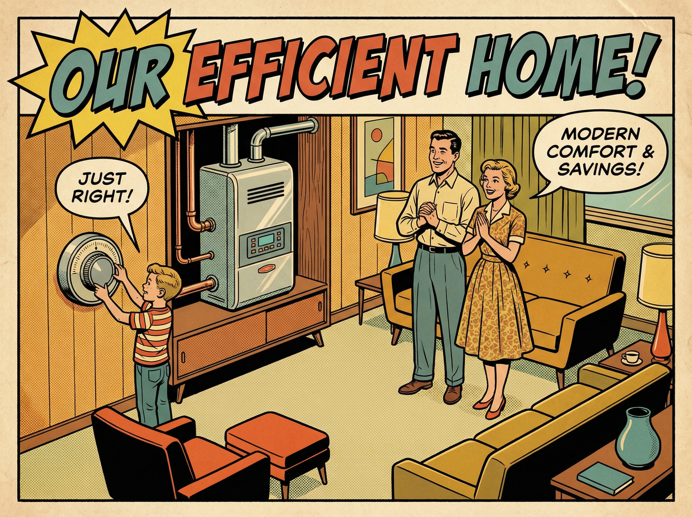 A family gathered around their modern living room, admiring a sleek, contemporary condensing gas furnace positioned in the wa