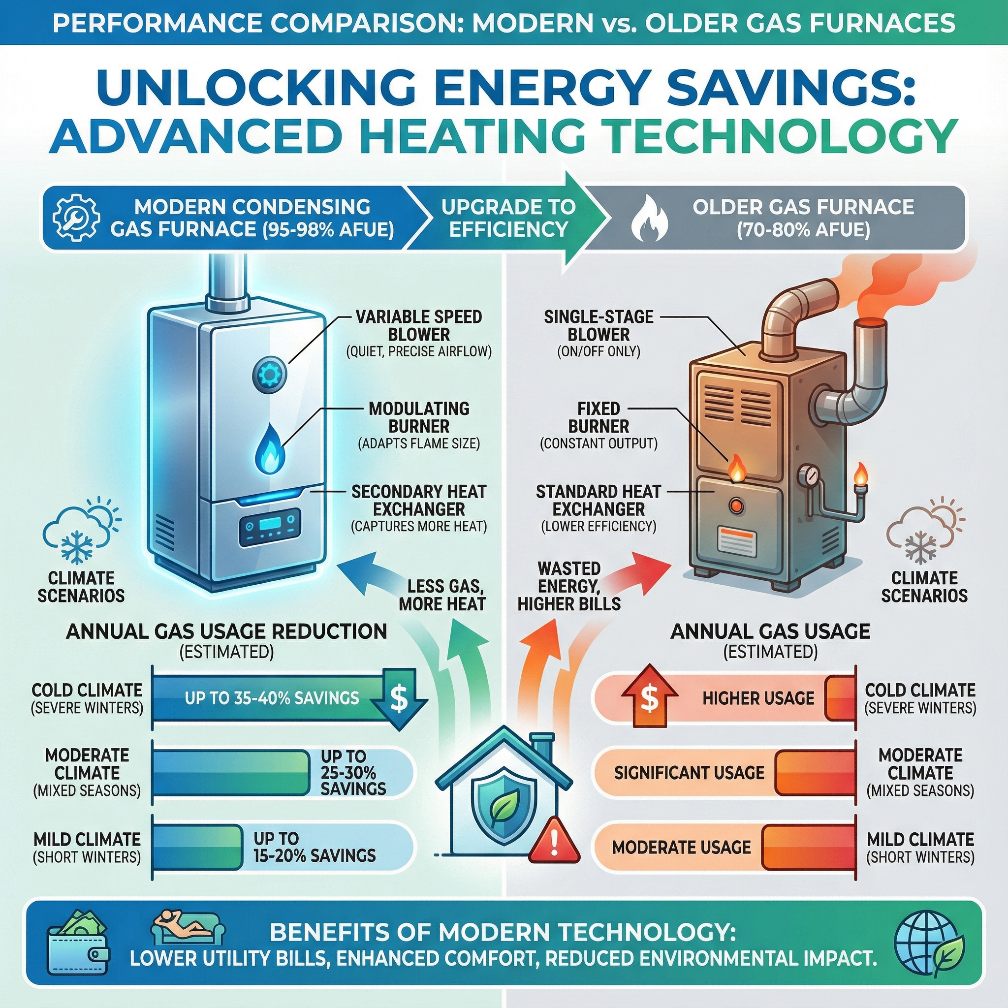 An infographic showcasing a performance comparison between modern condensing gas furnaces with 95-98% Annual Fuel Utilization
