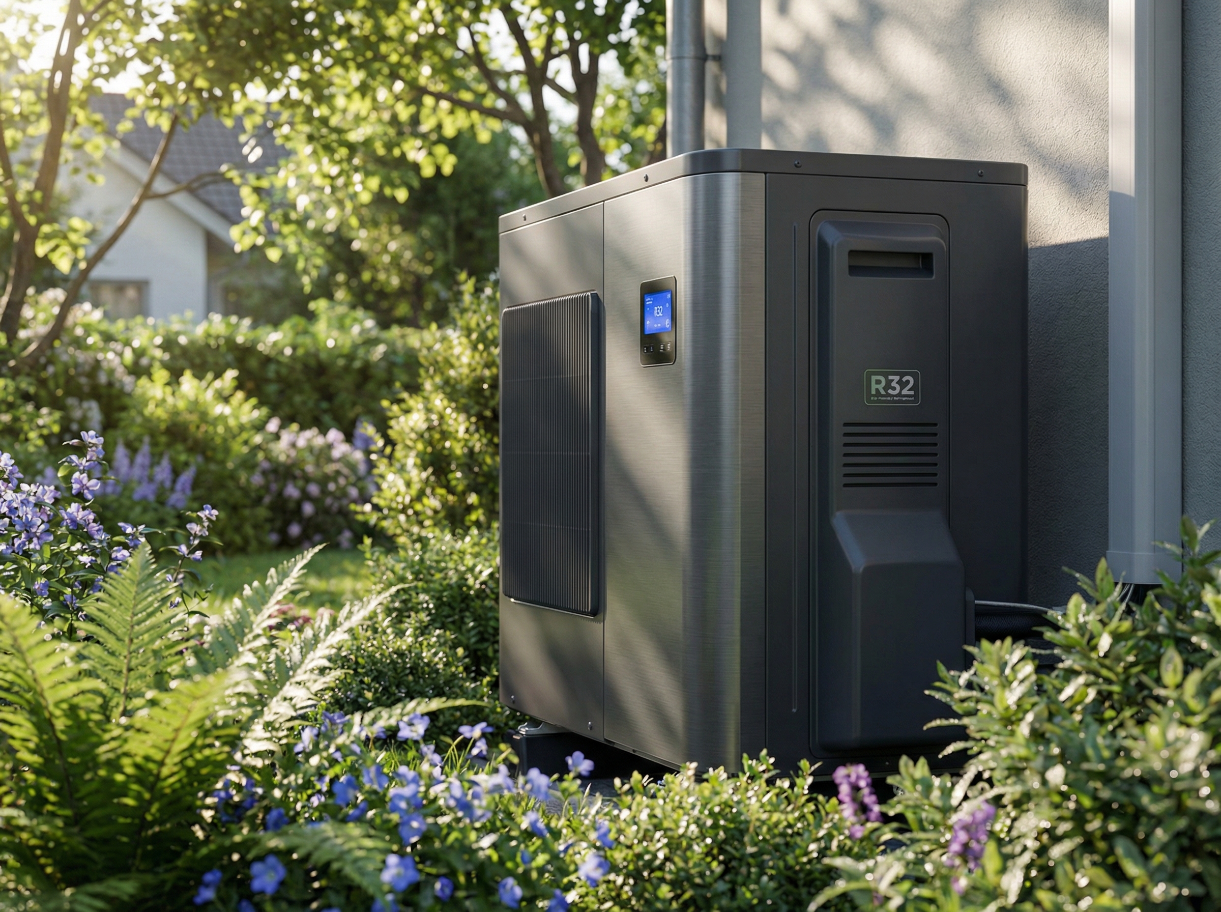 A close-up view of a modern R32 HVAC system installed in a residential home