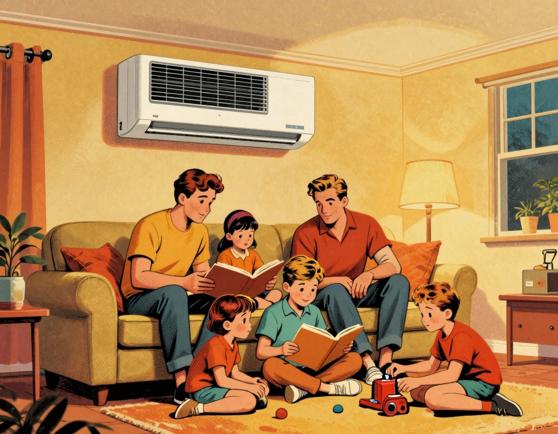 A family gathered in a cozy living room that features a modern, high-efficiency HVAC system