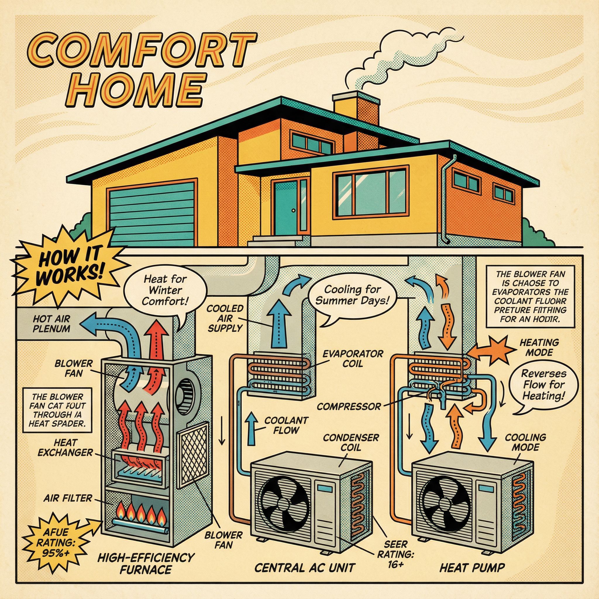 A cross-section illustration of a high-efficiency furnace, central AC unit, and heat pump, showcasing their internal componen