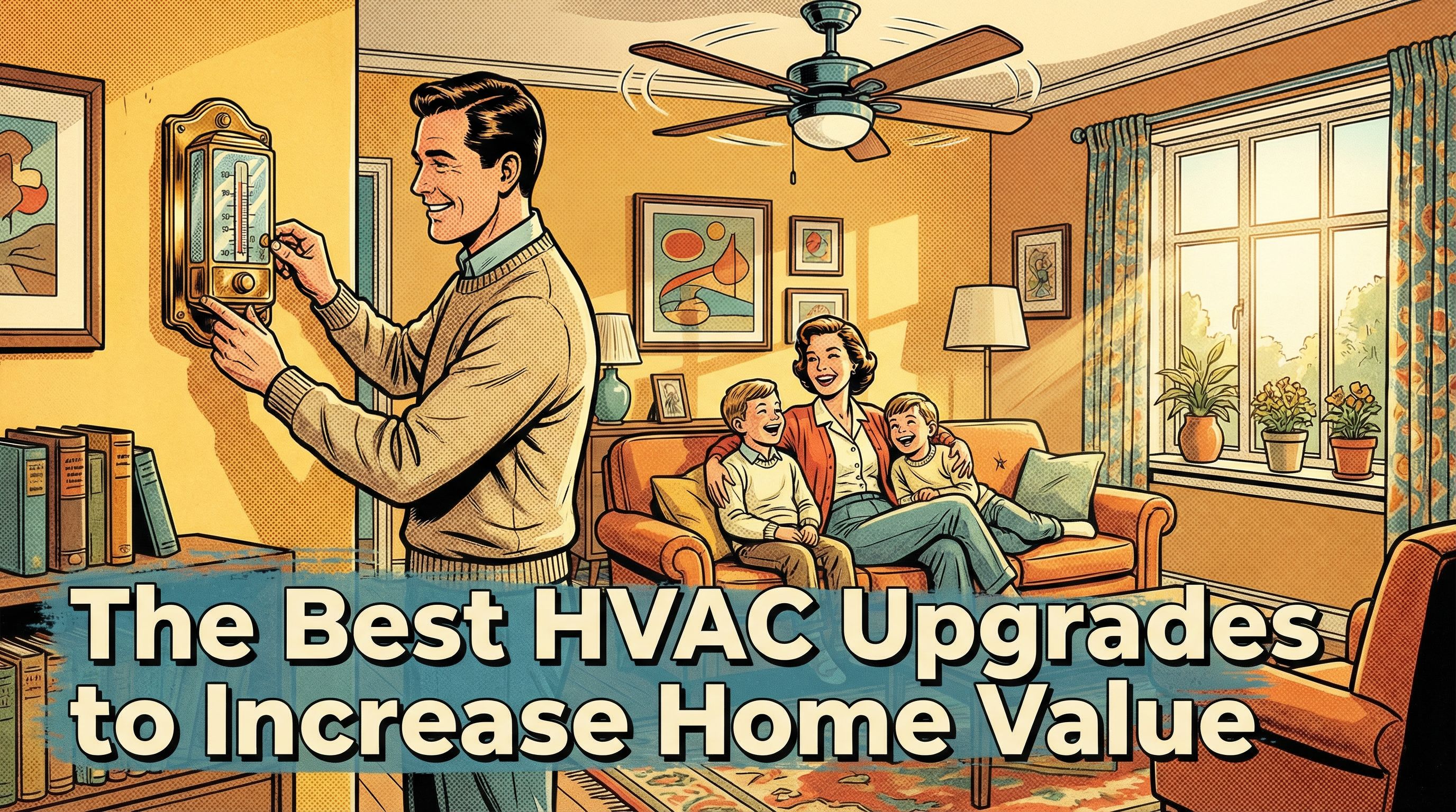 A vividly illustrated scene depicting a family in a cozy living room, enjoying enhanced comfort thanks to their upgraded HVAC