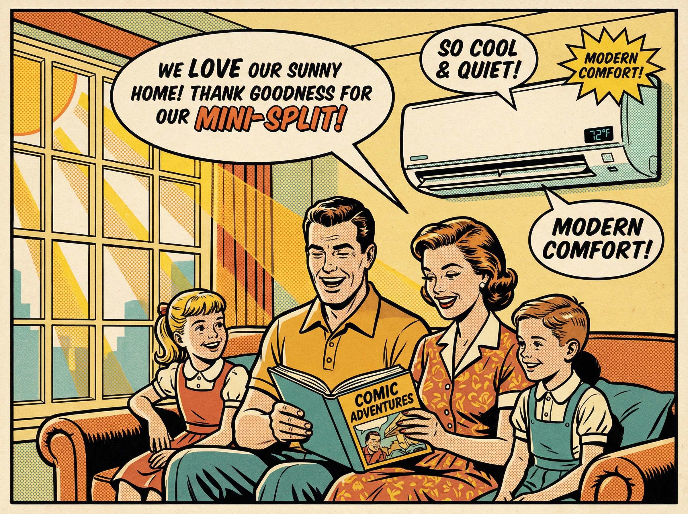 A cheerful family enjoying a comfortable living room in a sunny California home with a modern ductless mini split system moun