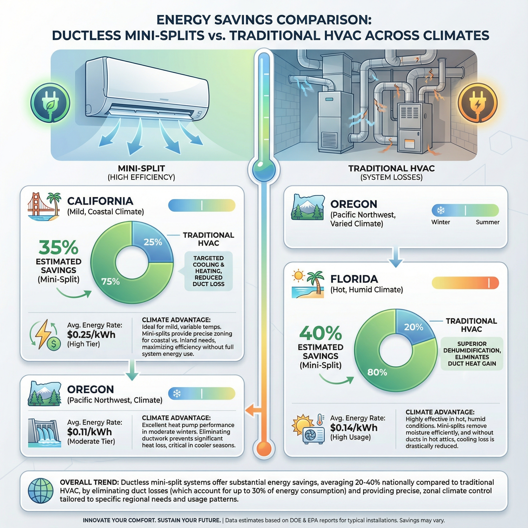 An infographic comparing the average energy savings of ductless mini split systems versus traditional HVAC systems across dif