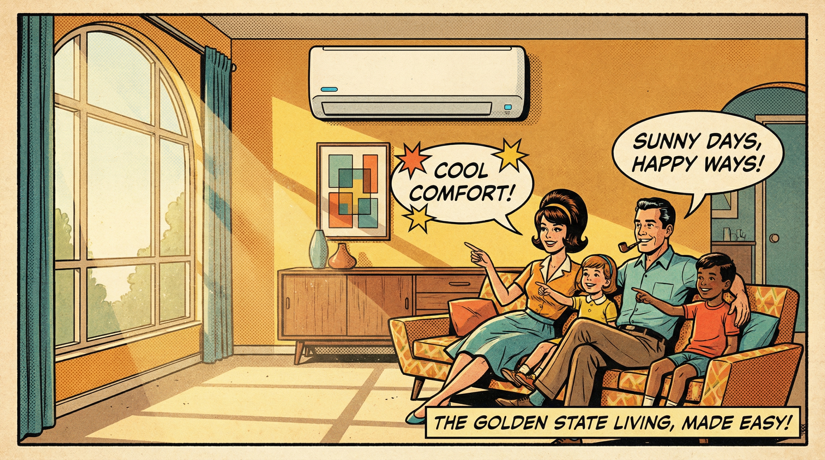A cozy mid-century living room scene featuring a stylish ductless mini-split air conditioning unit mounted on the wall