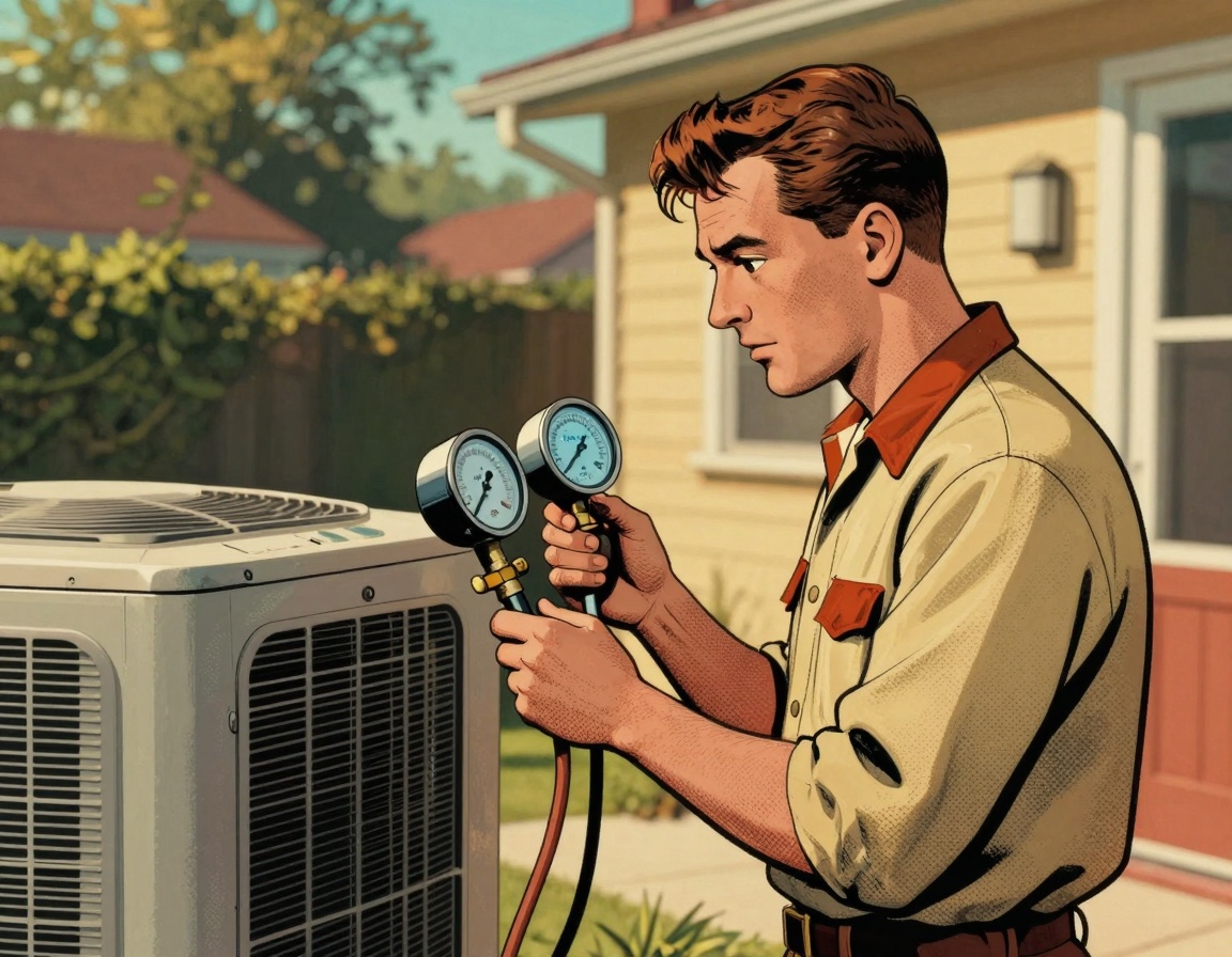 An HVAC technician, dressed in a vintage-style uniform, is examining a modern air conditioning unit with visible refrigerant 