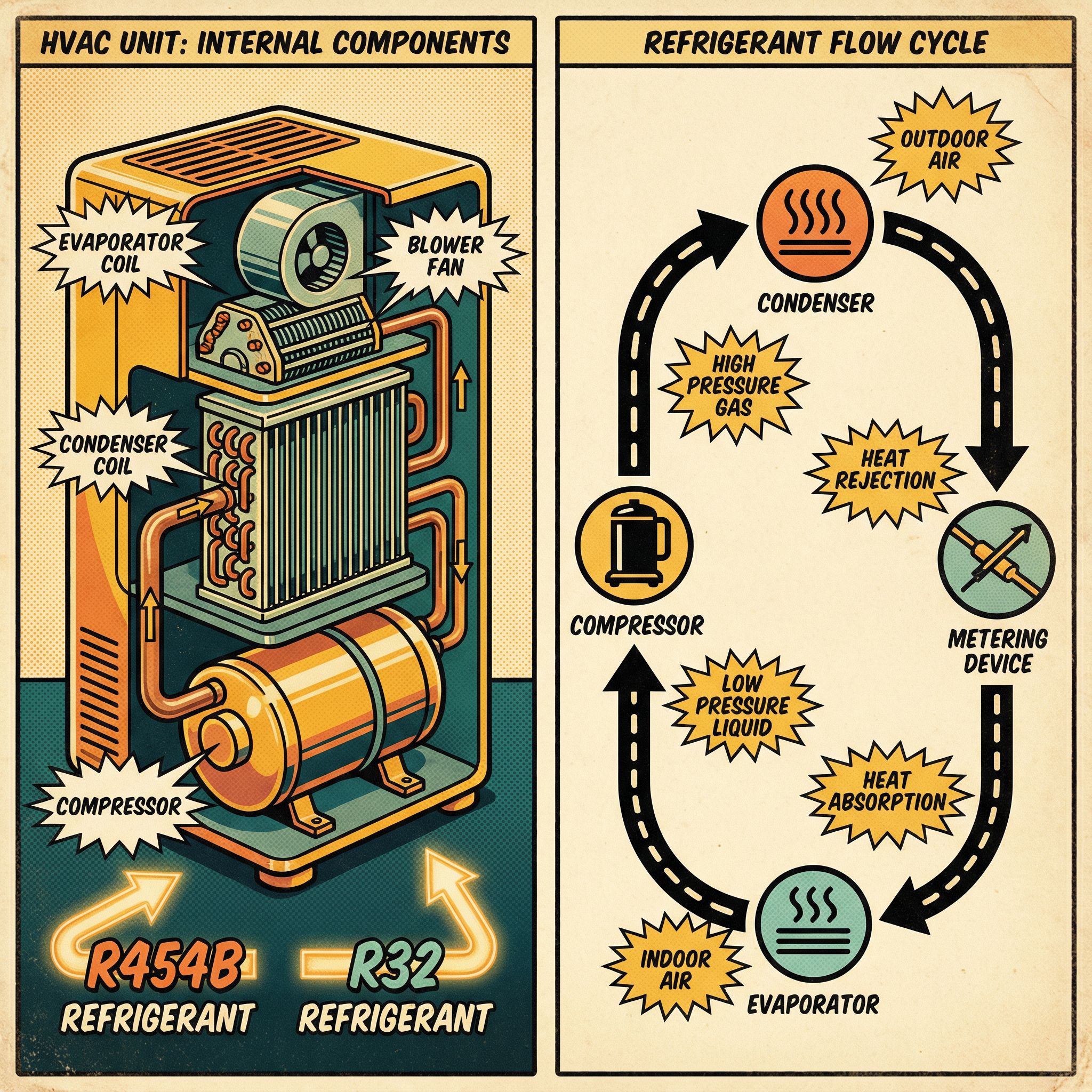 A cross-section view of a modern HVAC system showcasing the internal components that utilize R454B and R32 refrigerants