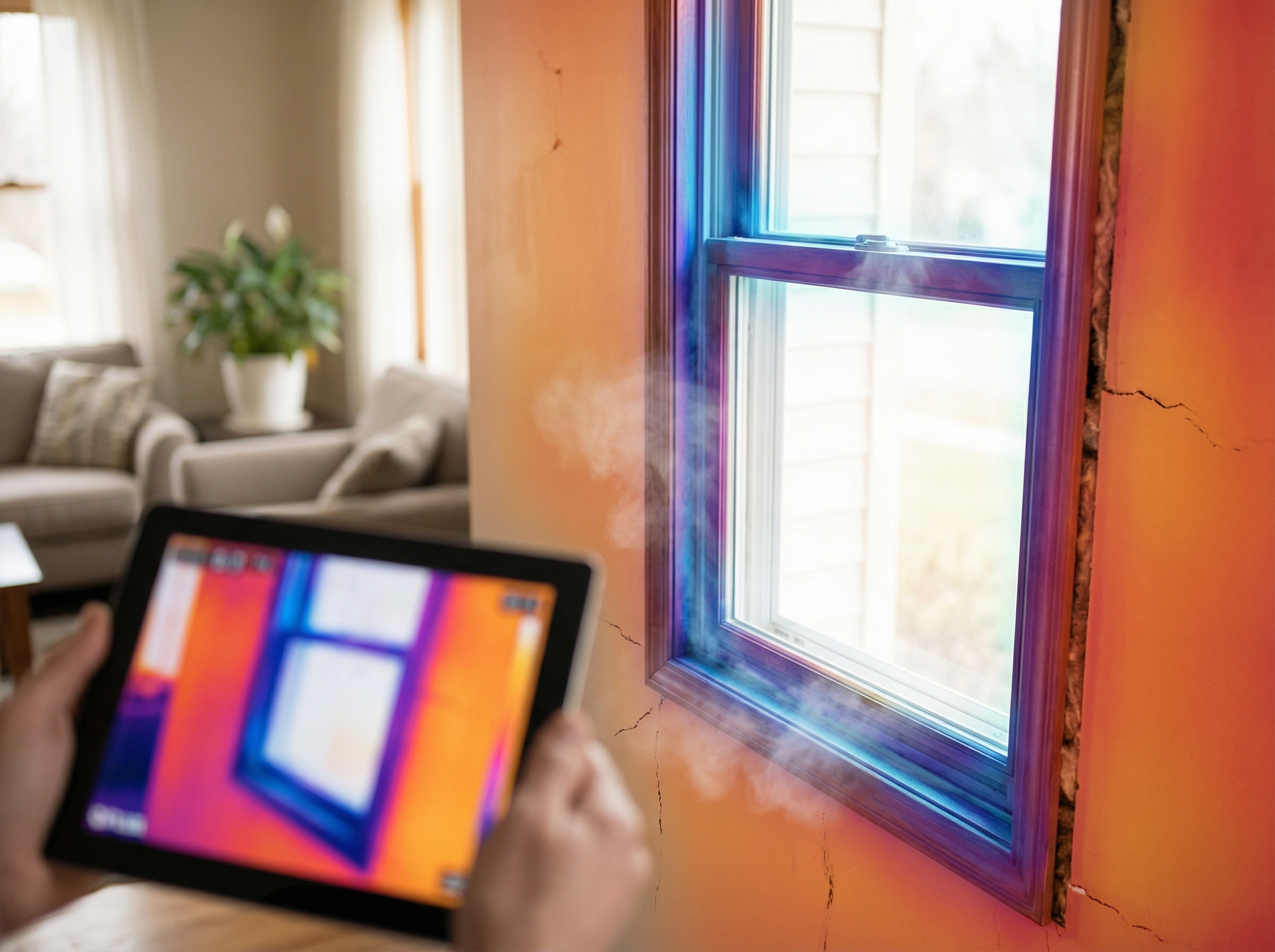 A close-up view of a residential room with visible heat loss issues