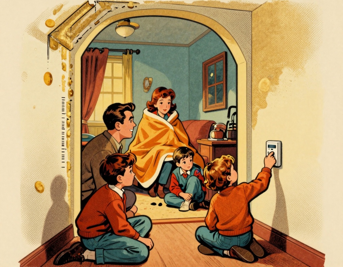 A vintage-style illustration depicting a family in a living room enjoying their warmth during winter, all while surrounded by
