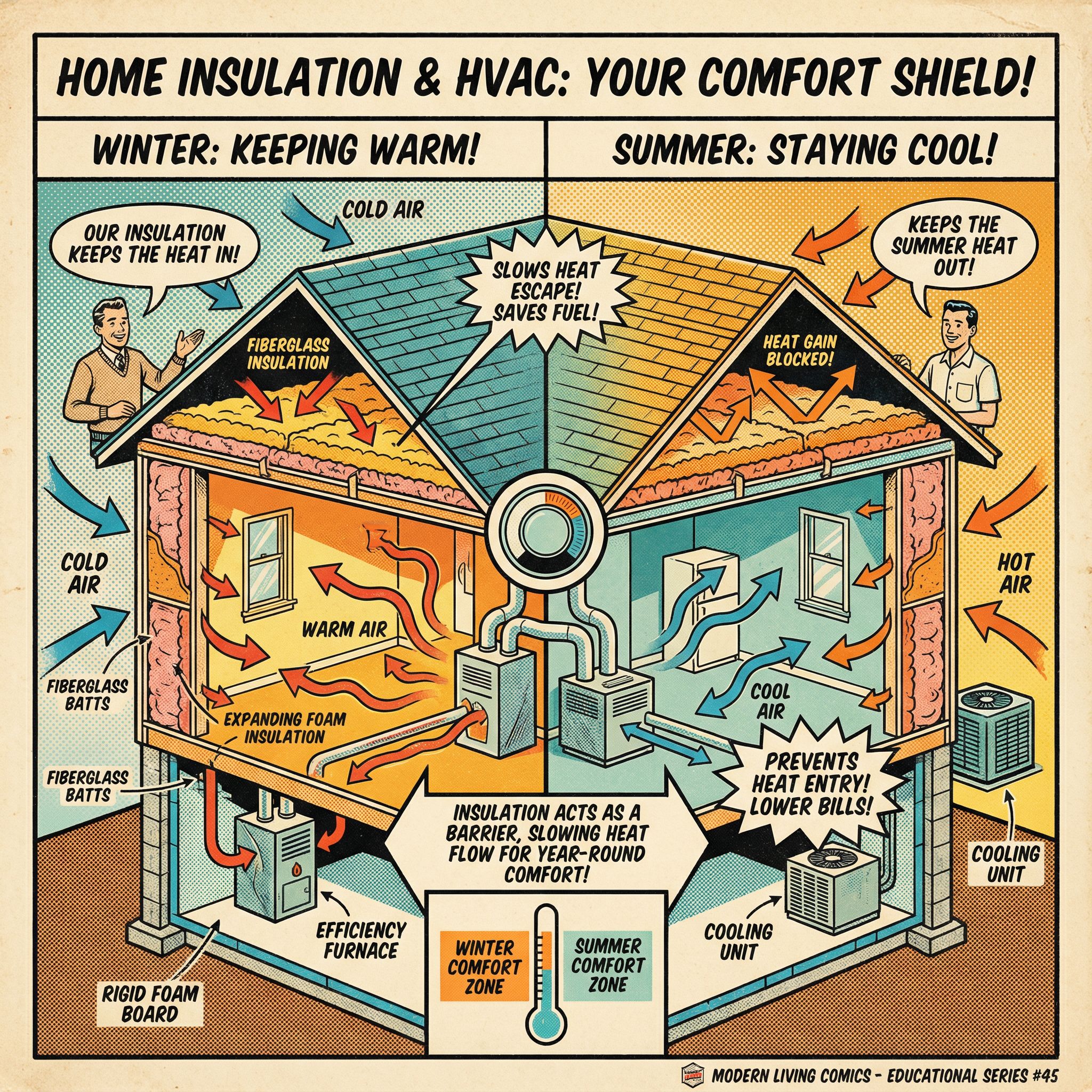 A cross-section view of a home's insulation and HVAC system, highlighting the layers of insulation in the attic, walls, and f