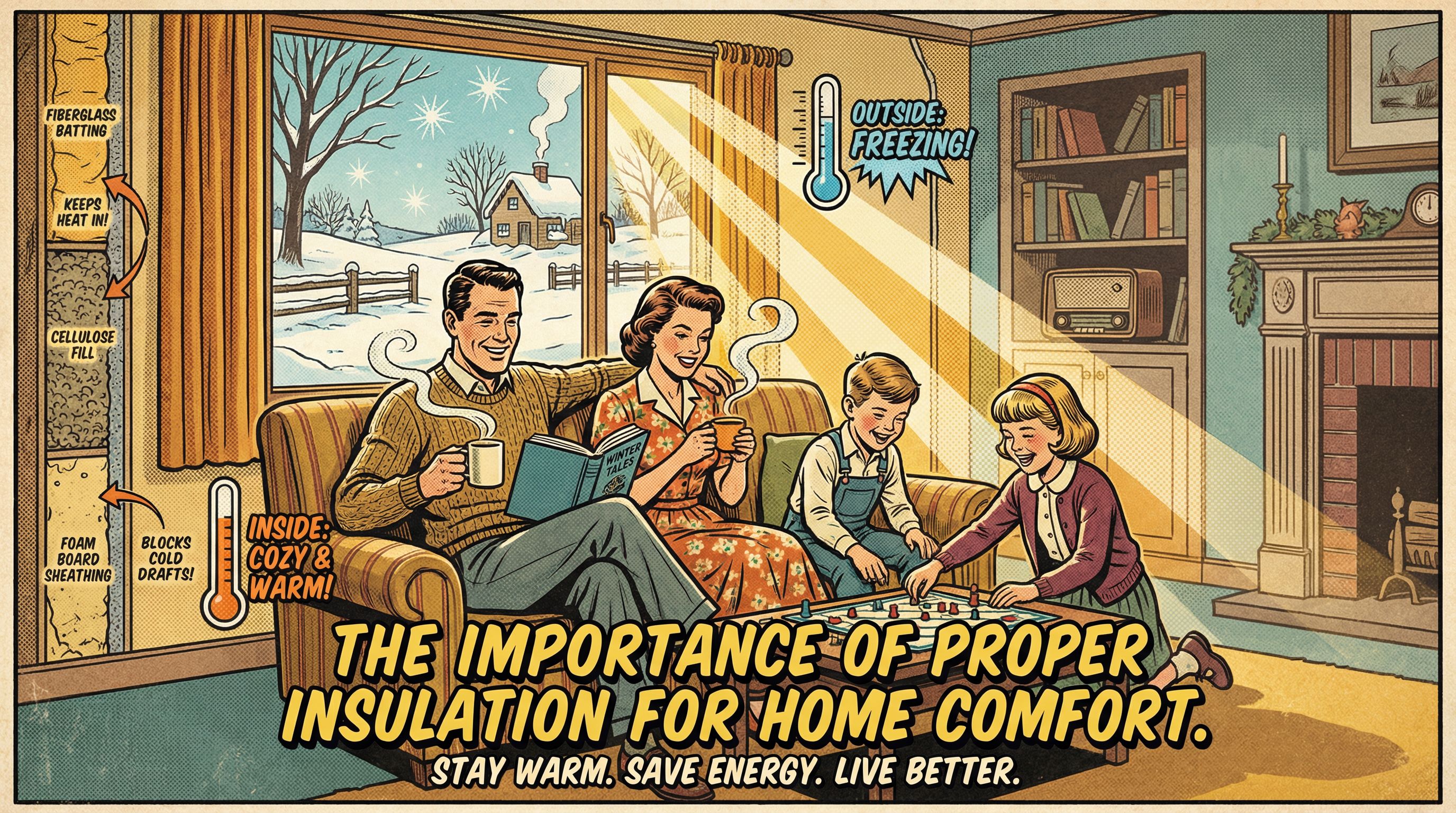 A vintage-style illustration depicting a cozy living room setup that emphasizes the importance of proper insulation