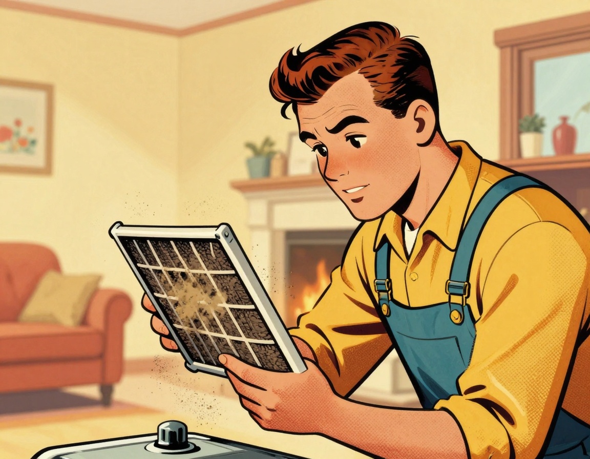 An HVAC technician is shown in a warm, inviting home environment, examining a furnace while holding a clogged air filter
