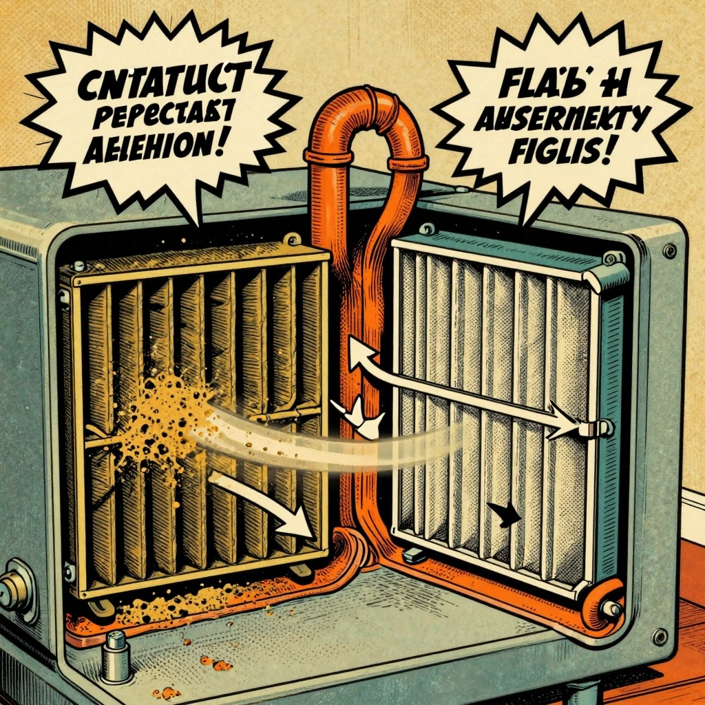 A cutaway view of a furnace showcasing the air filter compartment along with airflow ducts