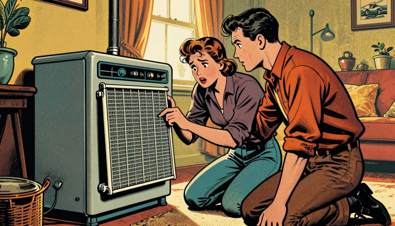 A cozy living room setting featuring a mid-century modern furnace prominently displayed