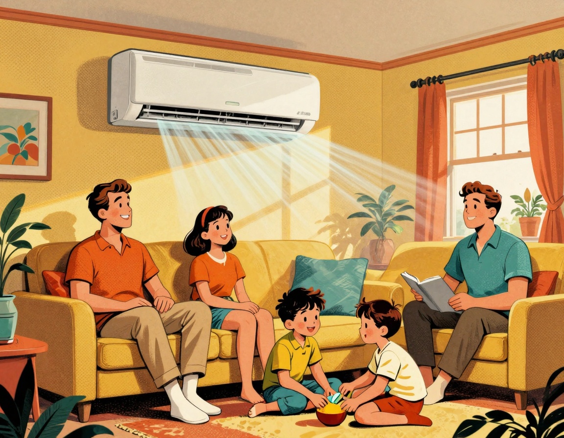 A family gathered in their living room, enjoying a comfortable summer day with a high-efficiency air conditioner visibly inst