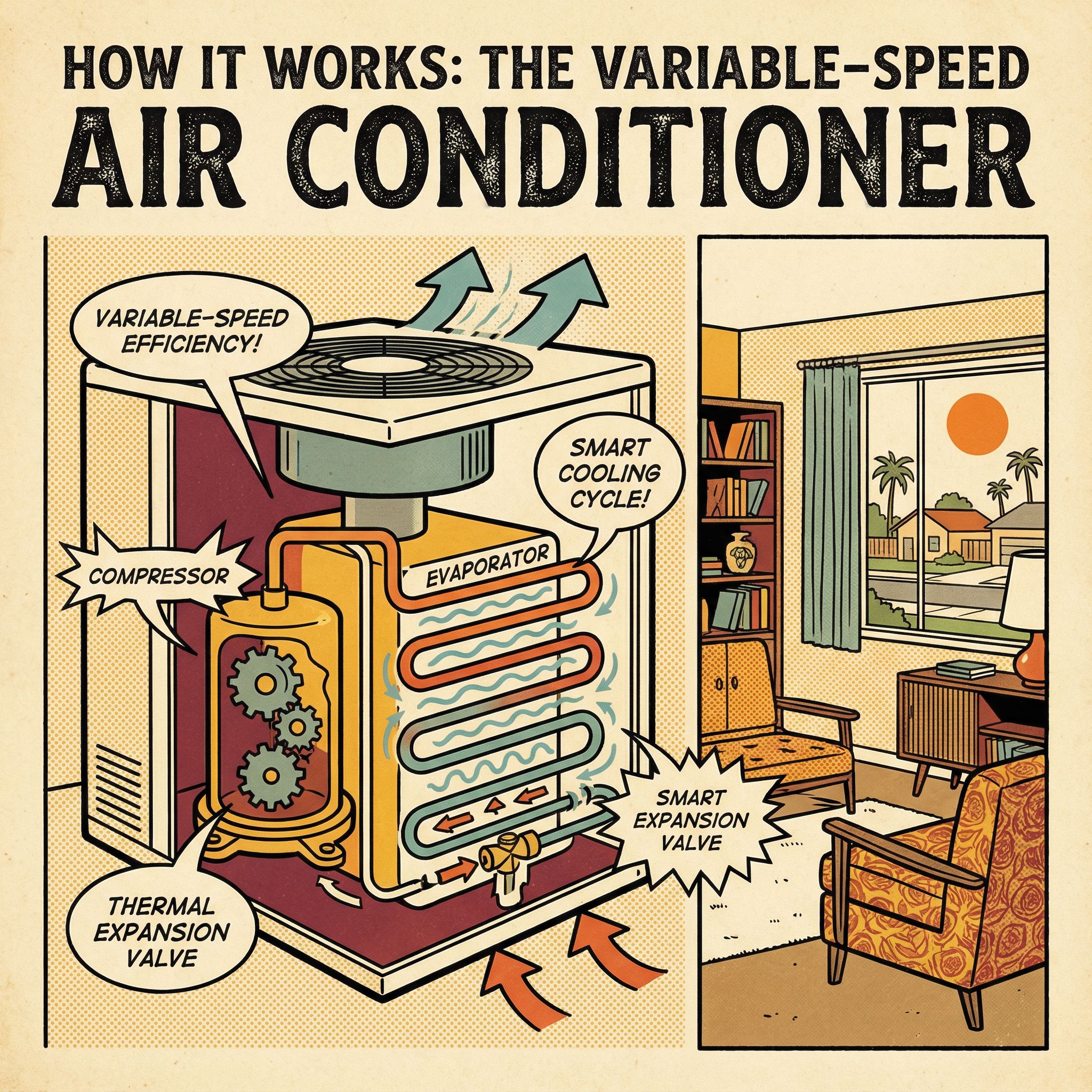 A vintage-style illustration of a cross-section view of a variable-speed air conditioning system